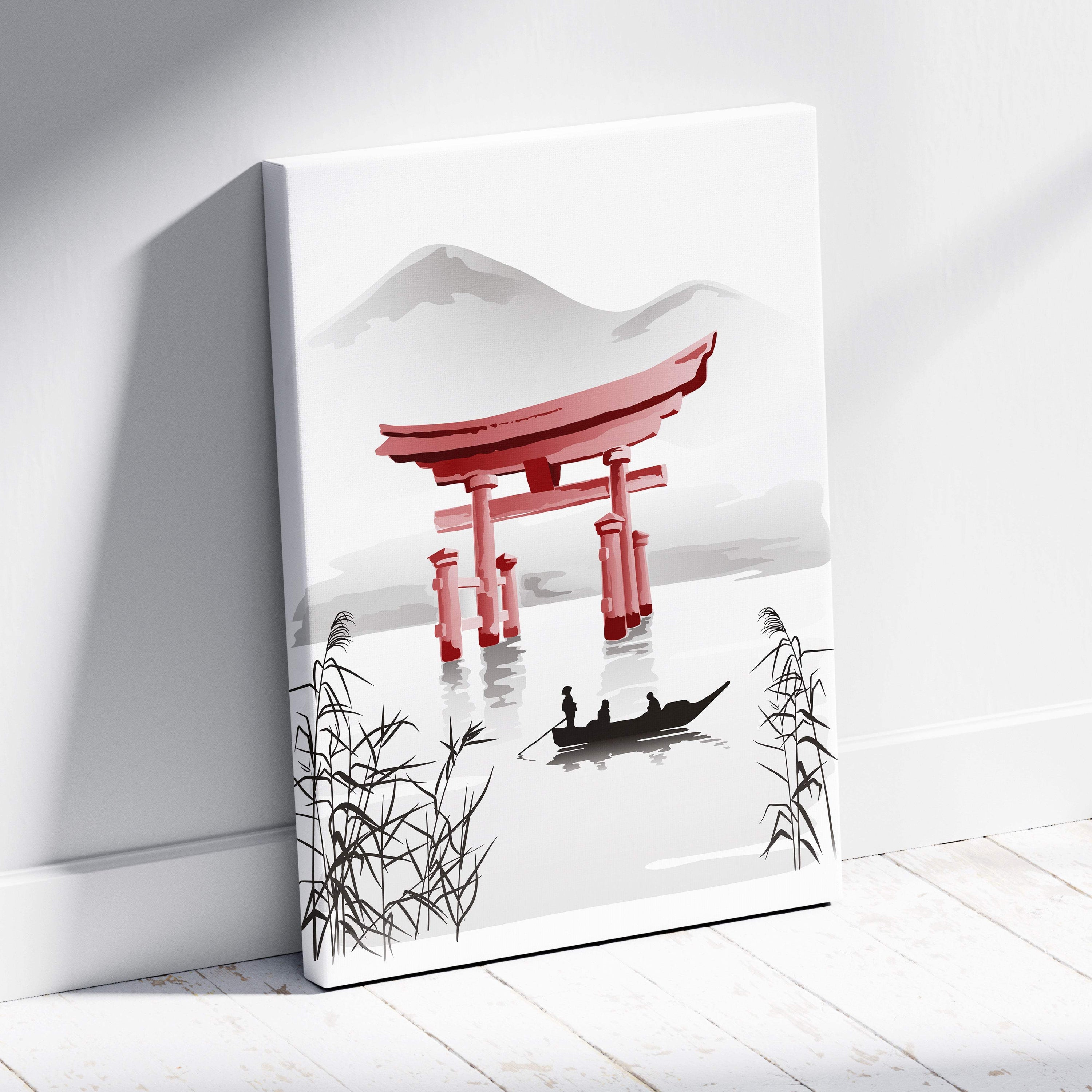 Minimalist red torii gate canvas print with black reeds and boat silhouettes in gray japanese ink style for zen decor