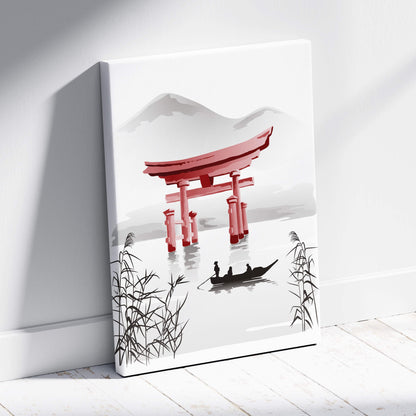 Minimalist red torii gate canvas print with black reeds and boat silhouettes in gray japanese ink style for zen decor