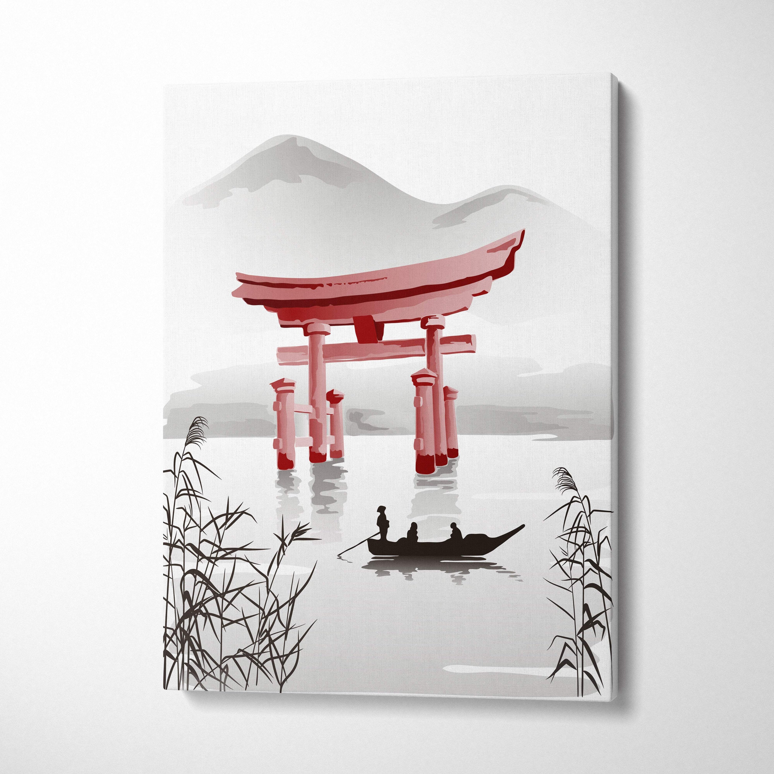 Red torii gate lake canvas wall art featuring a vibrant red torii gate in water with misty mountains and zen boat decor