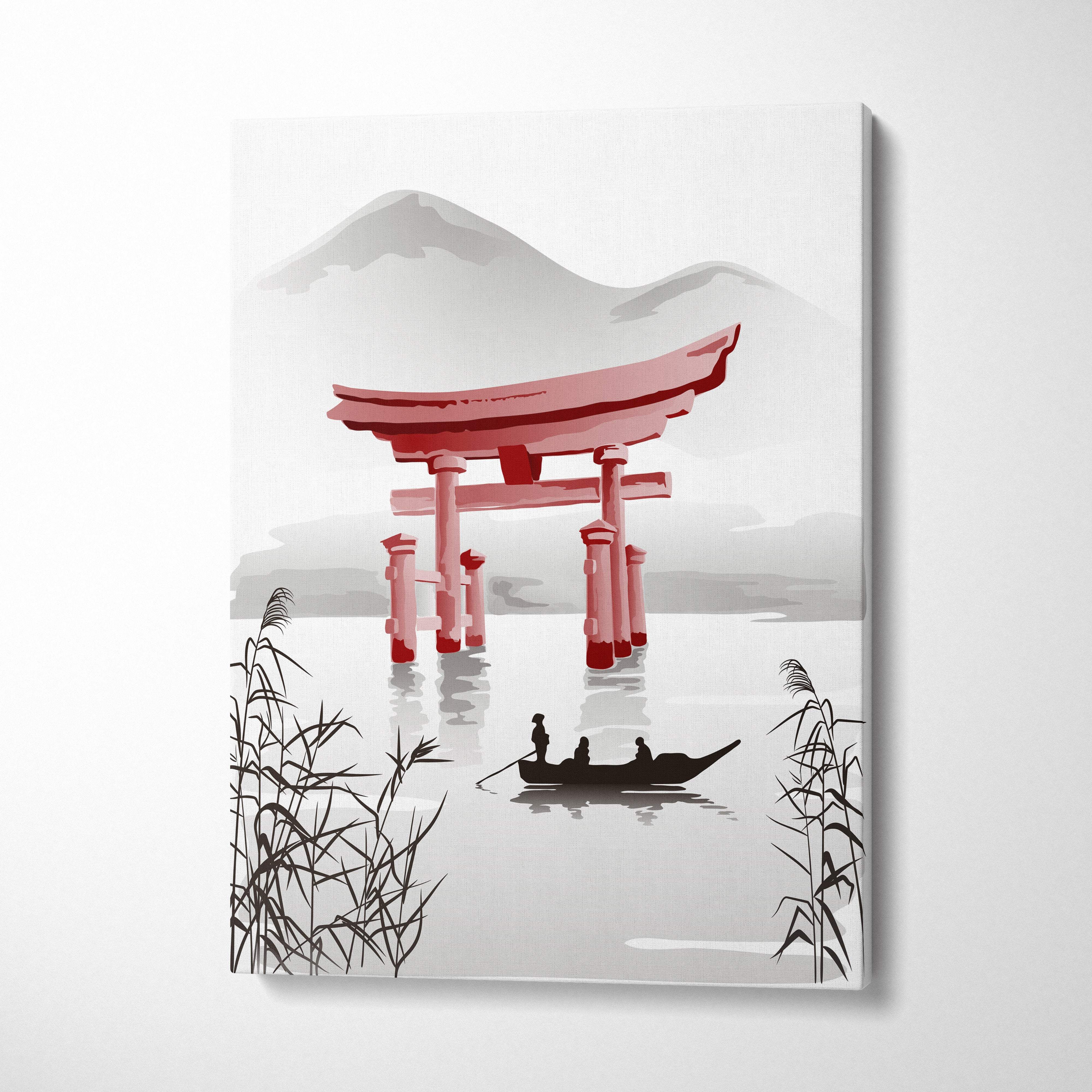 Red torii gate lake canvas wall art featuring a vibrant red torii gate in water with misty mountains and zen boat decor