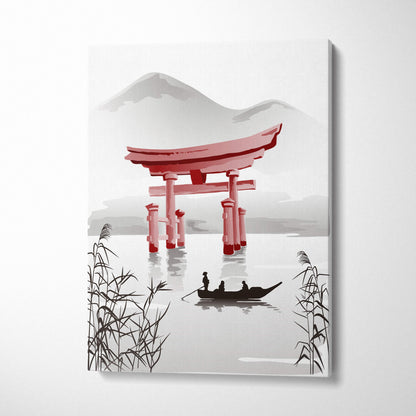 Red torii gate lake canvas wall art featuring a vibrant red torii gate in water with misty mountains and zen boat decor