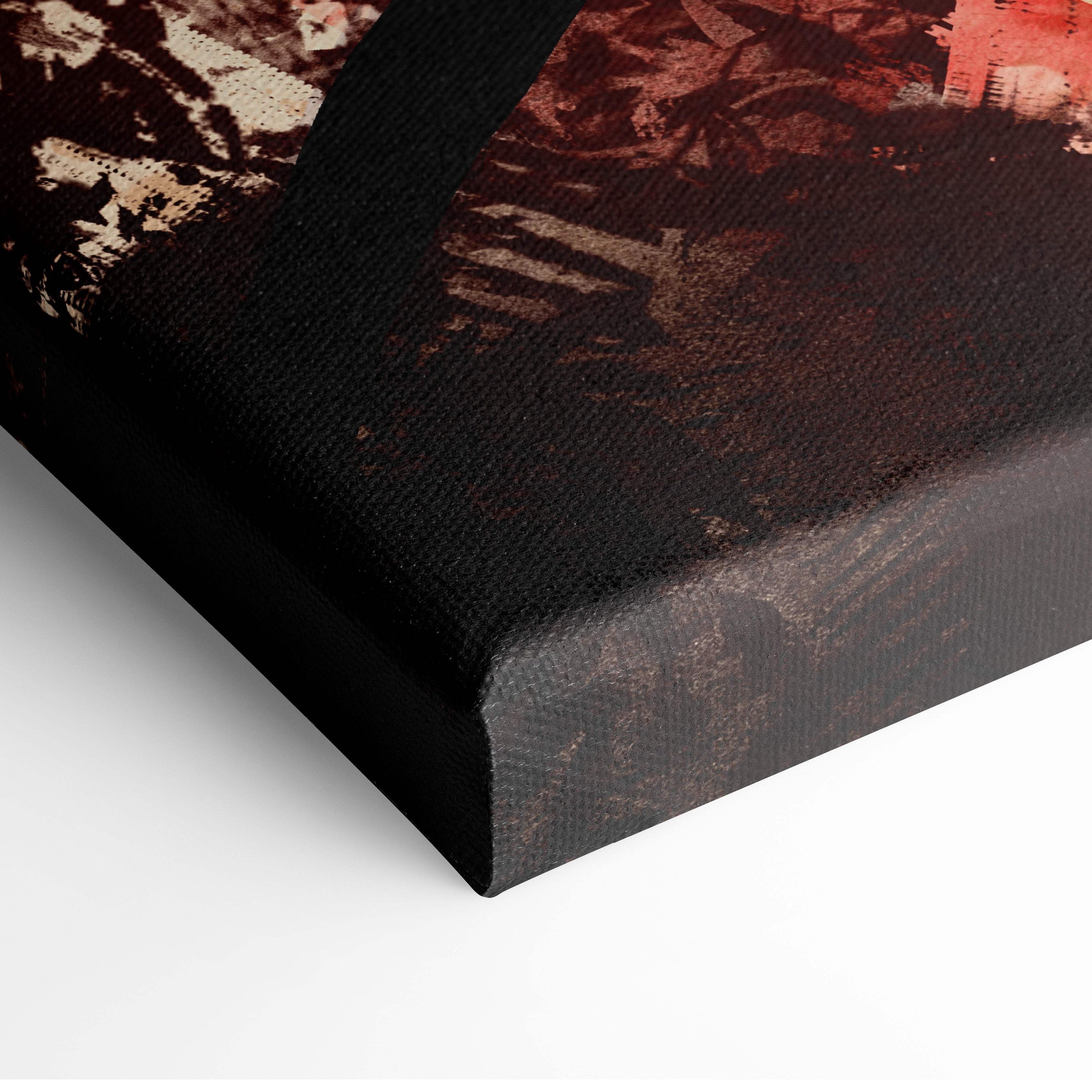Black canvas print with textured surface featuring red brown and beige abstract artwork for samurai wall decor