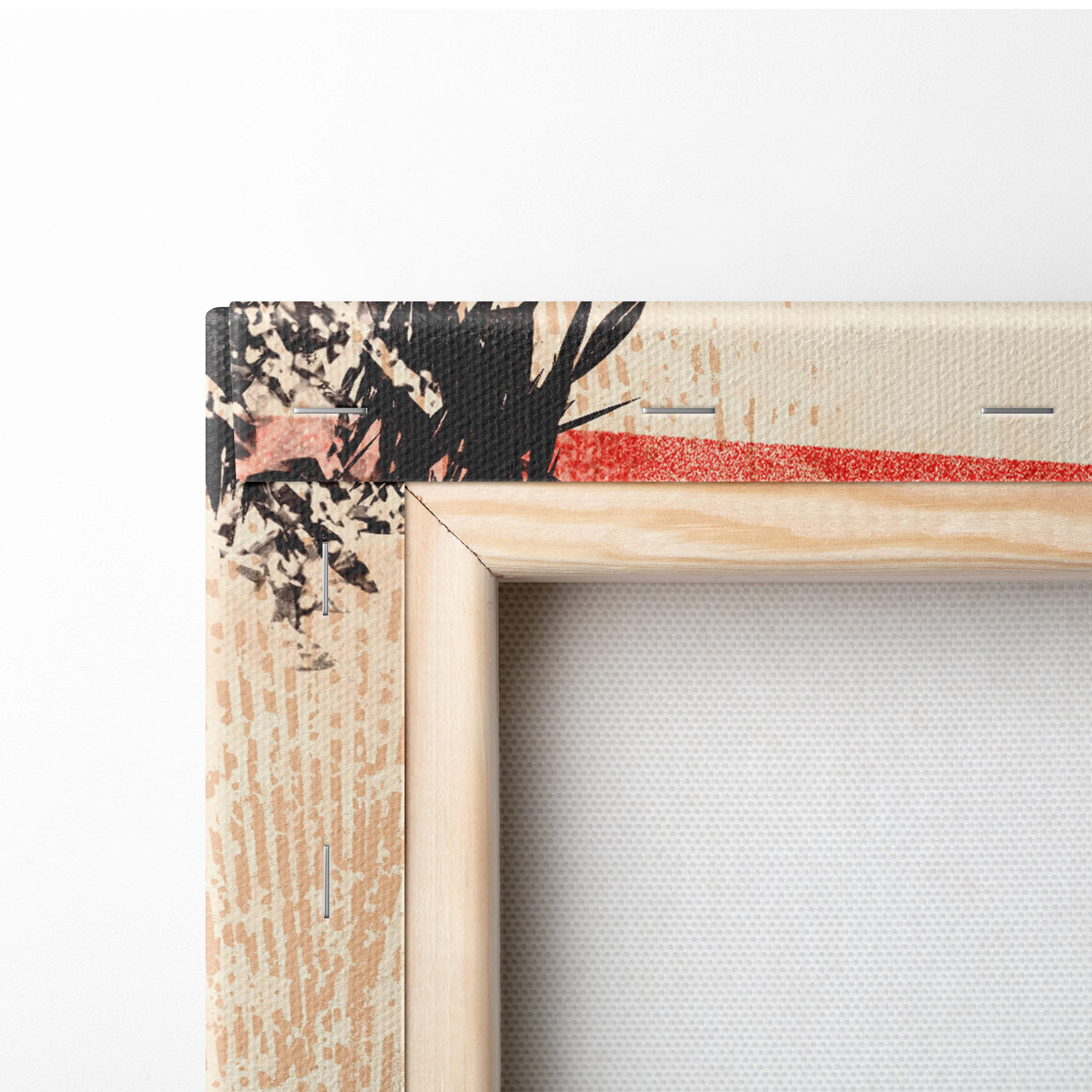 A wooden-framed canvas print featuring abstract black beige and bold red brushstrokes for modern samurai wall art