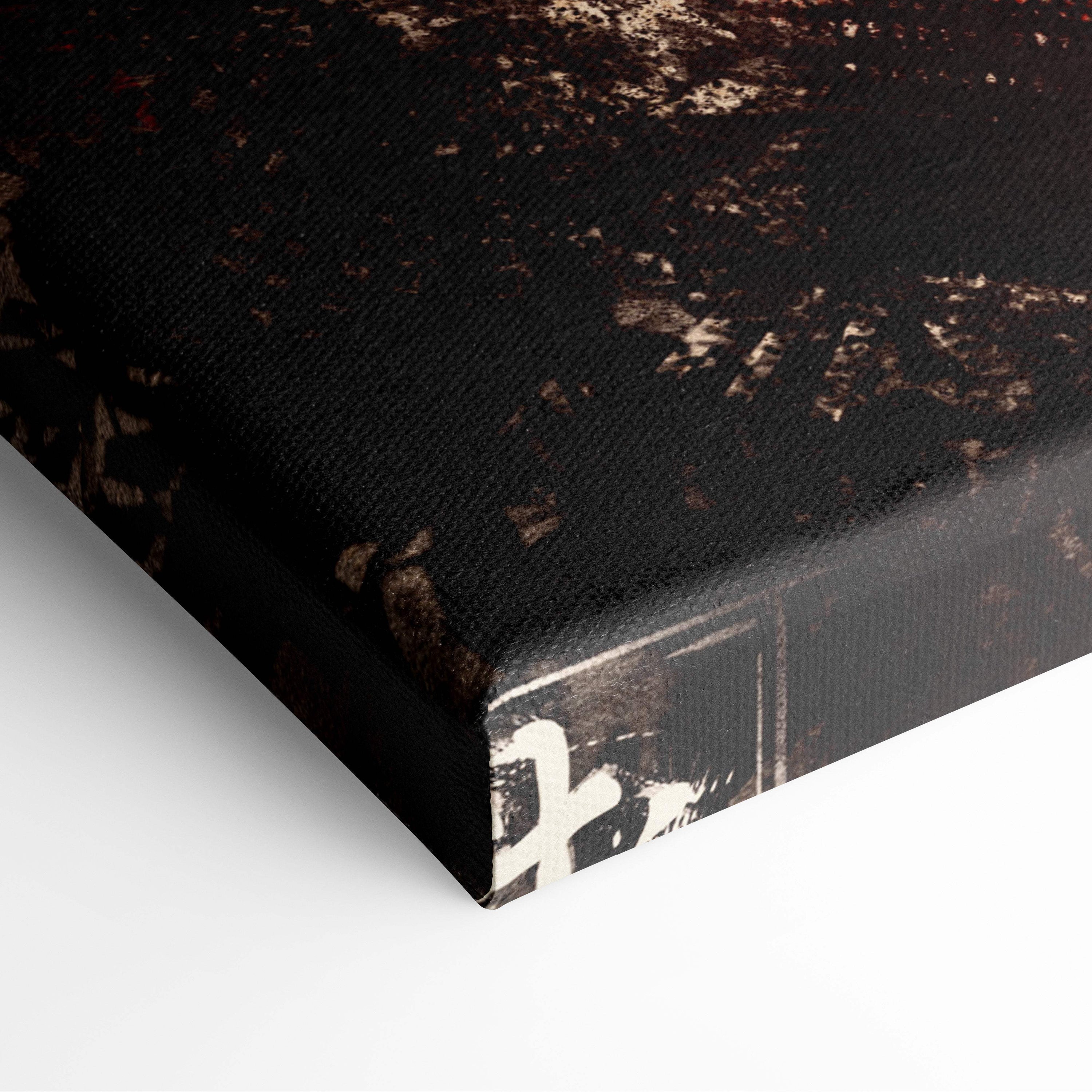 Black canvas print with distressed texture and abstract white markings samurai warrior rising sun decor