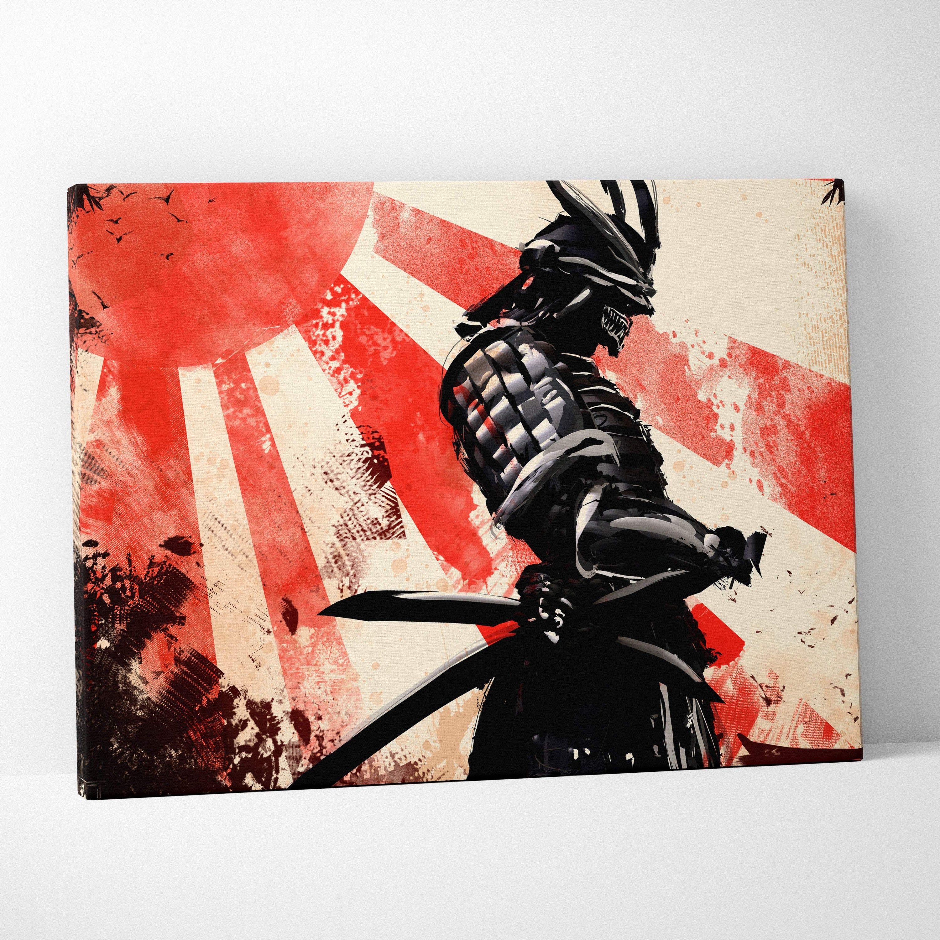 Samurai warrior canvas wall art featuring dark armored ronin with katana on bold red and cream rising sun stripes