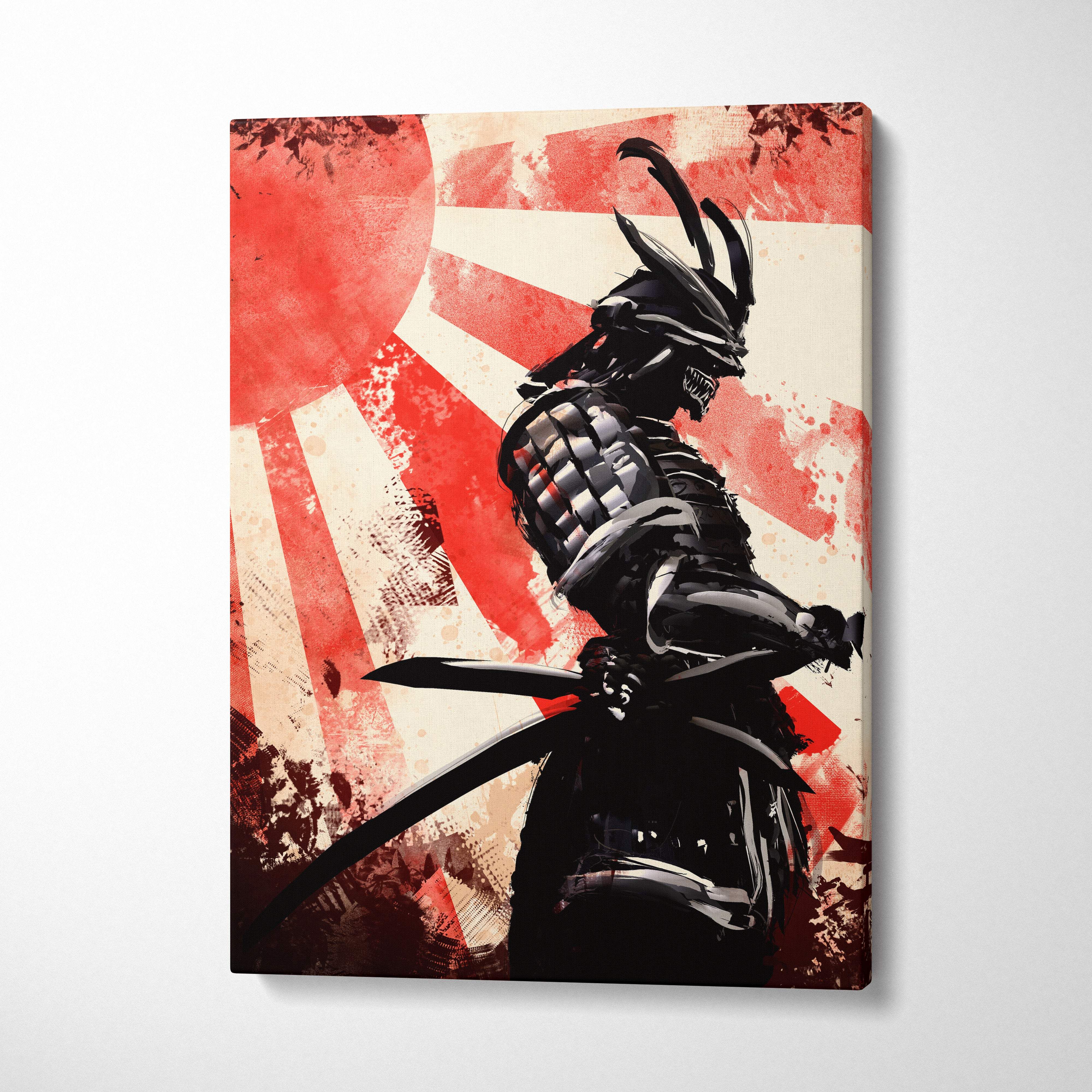 Black armored samurai with katana on distressed red and white japanese flag canvas art for wall decor