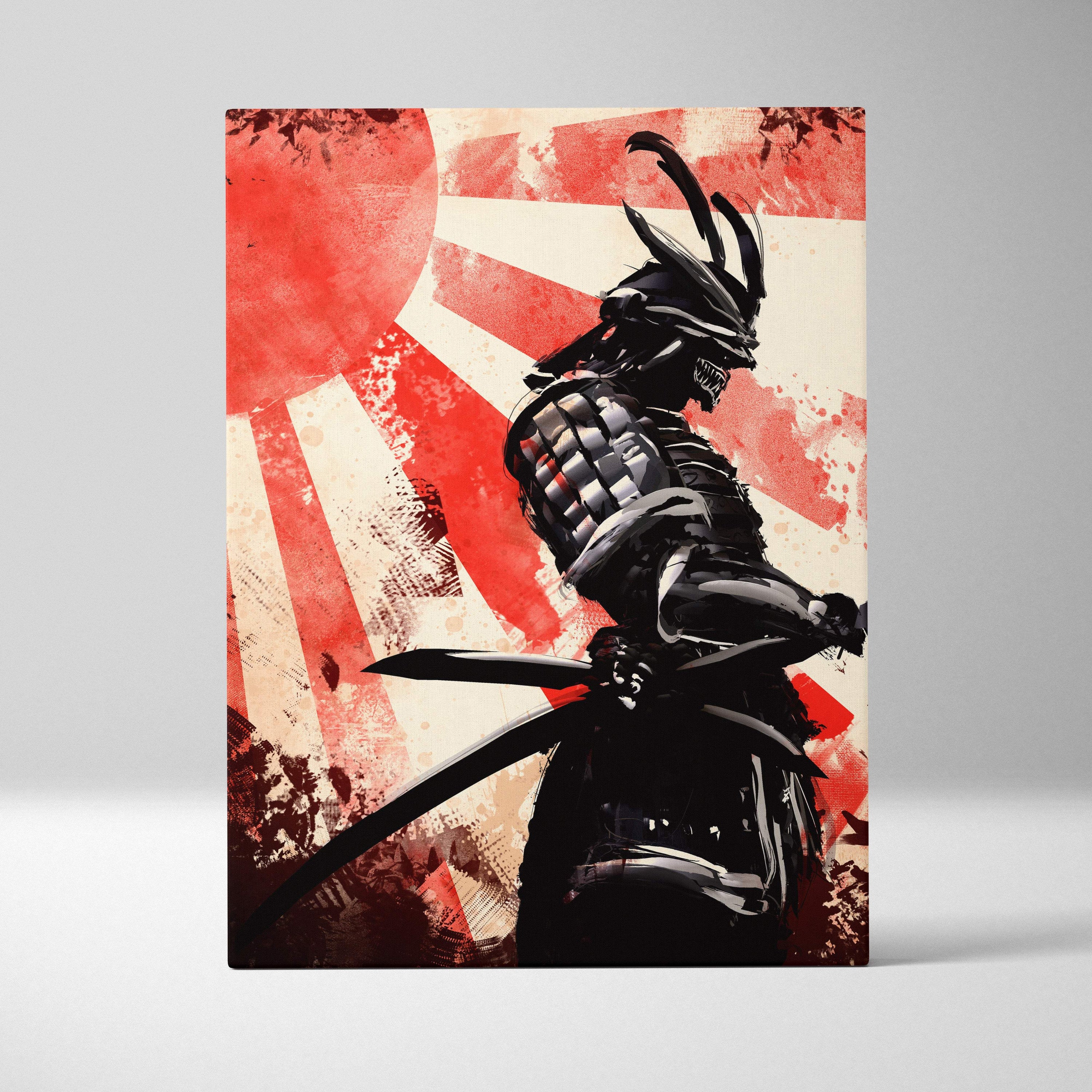 Stylized black samurai in detailed armor holding katana on ronin shadow warrior dark samurai canvas art with red rising sun background