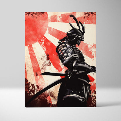 Stylized black samurai in detailed armor holding katana on ronin shadow warrior dark samurai canvas art with red rising sun background