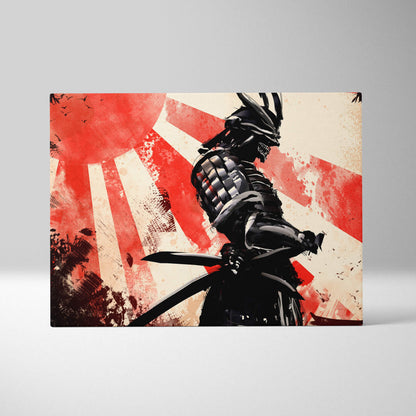 Samurai warrior canvas wall art featuring dark armored ronin with katana against distressed red and white japanese flag