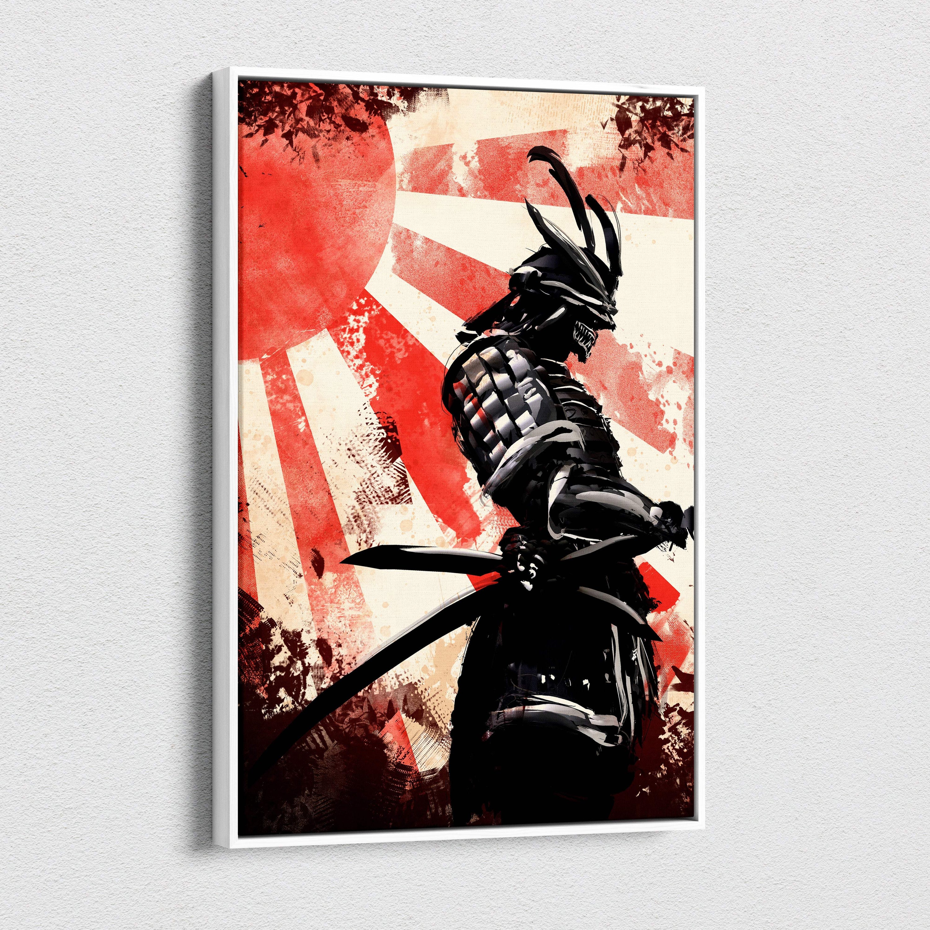 Ronin shadow warrior dark samurai canvas art featuring black armored katana fighter with red rising sun background