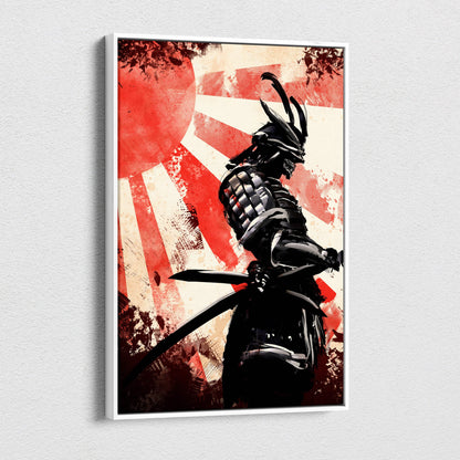 Ronin shadow warrior dark samurai canvas art featuring black armored katana fighter with red rising sun background