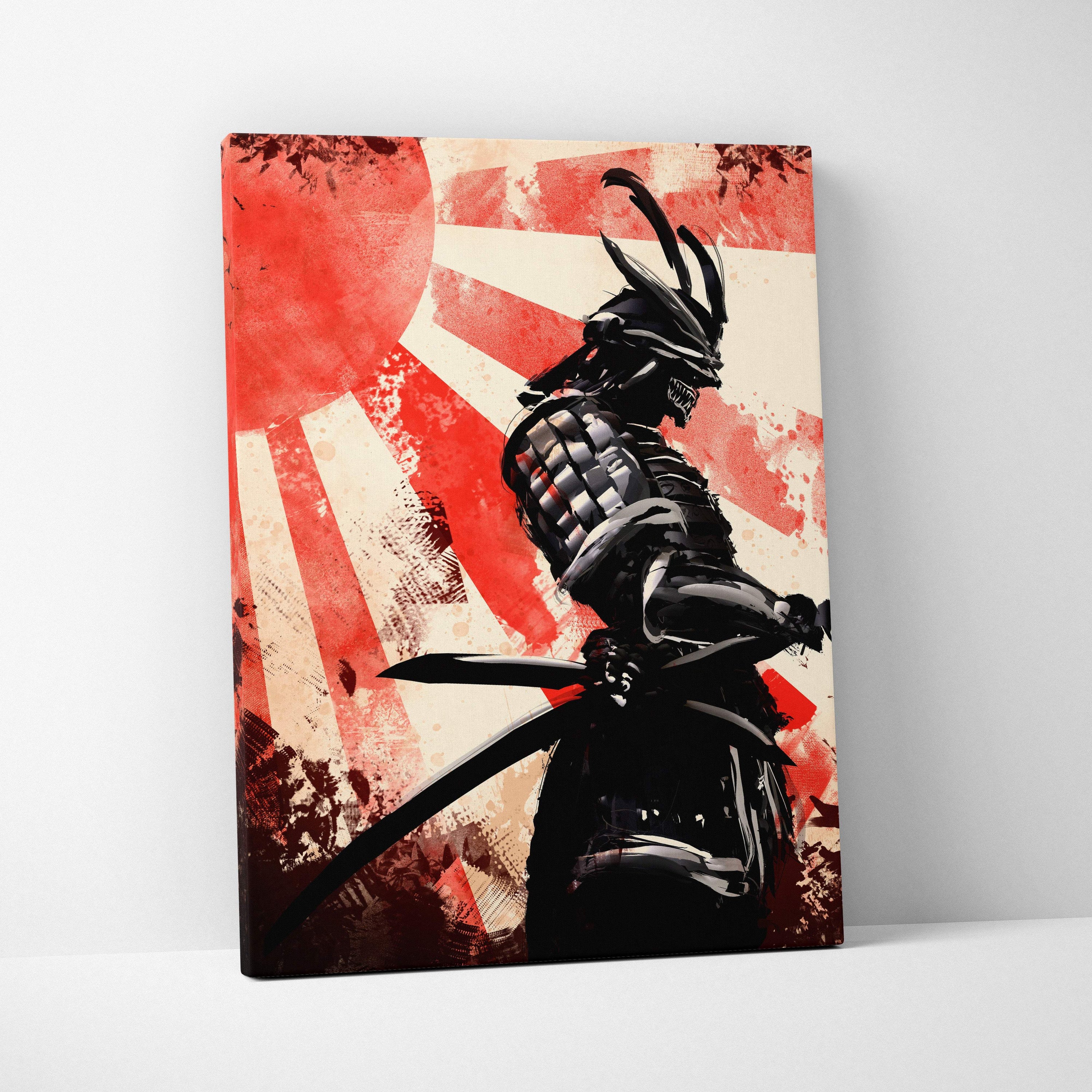 Black armored samurai with katana stands against distressed red and white japanese flag on canvas wall art