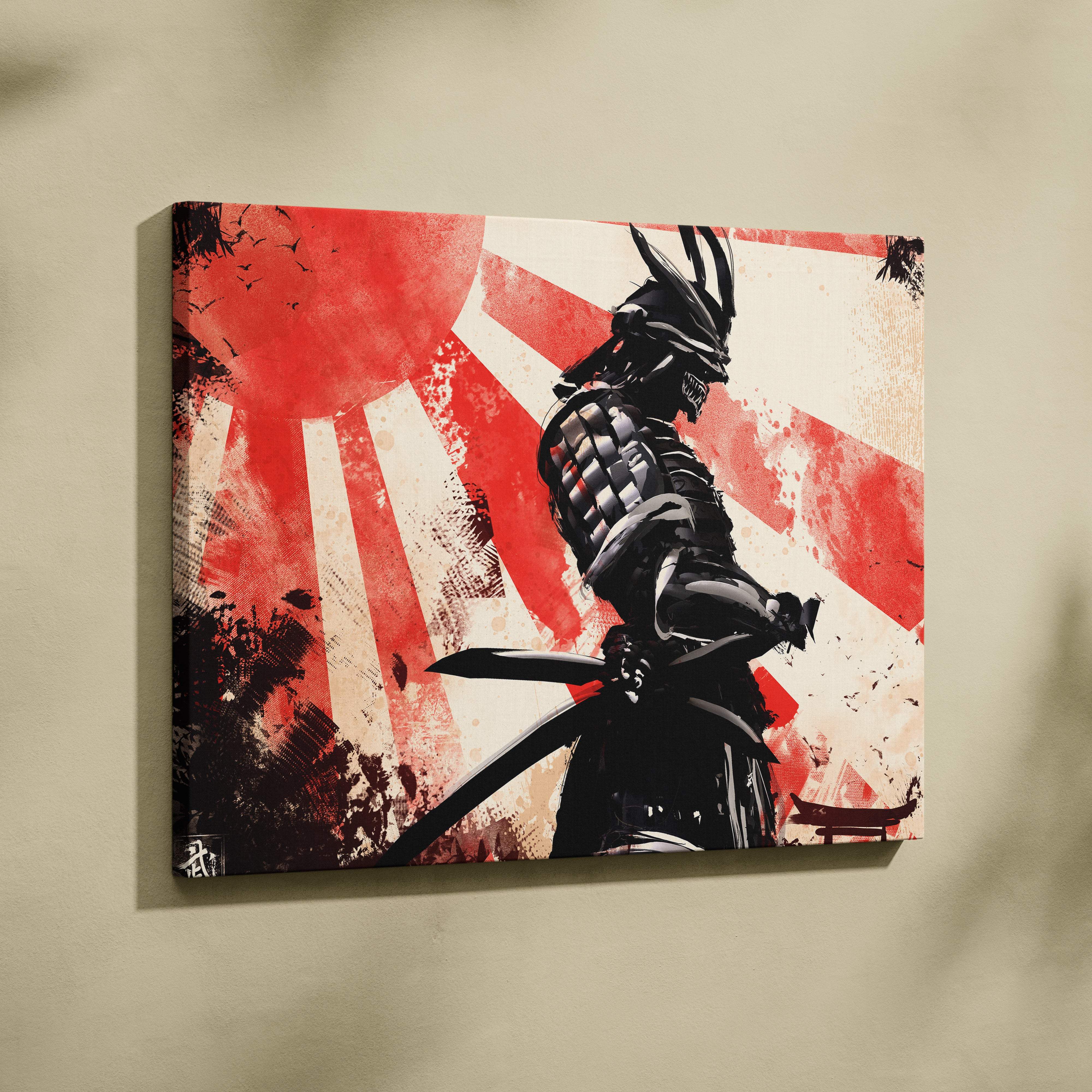 Samurai warrior canvas wall art featuring a black armored ronin with katana and red white rising sun background