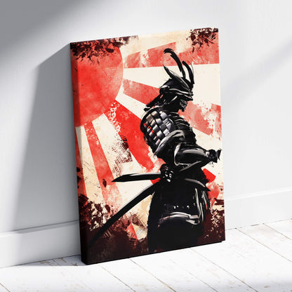 Black armored samurai with katana stands against distressed red and white japanese flag on ronin shadow warrior canvas art