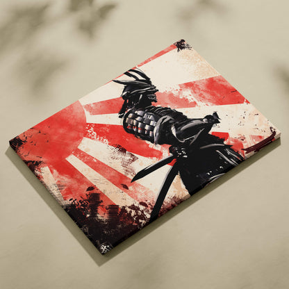 Samurai warrior canvas wall art featuring a black armored ronin with katana and a red and white rising sun background