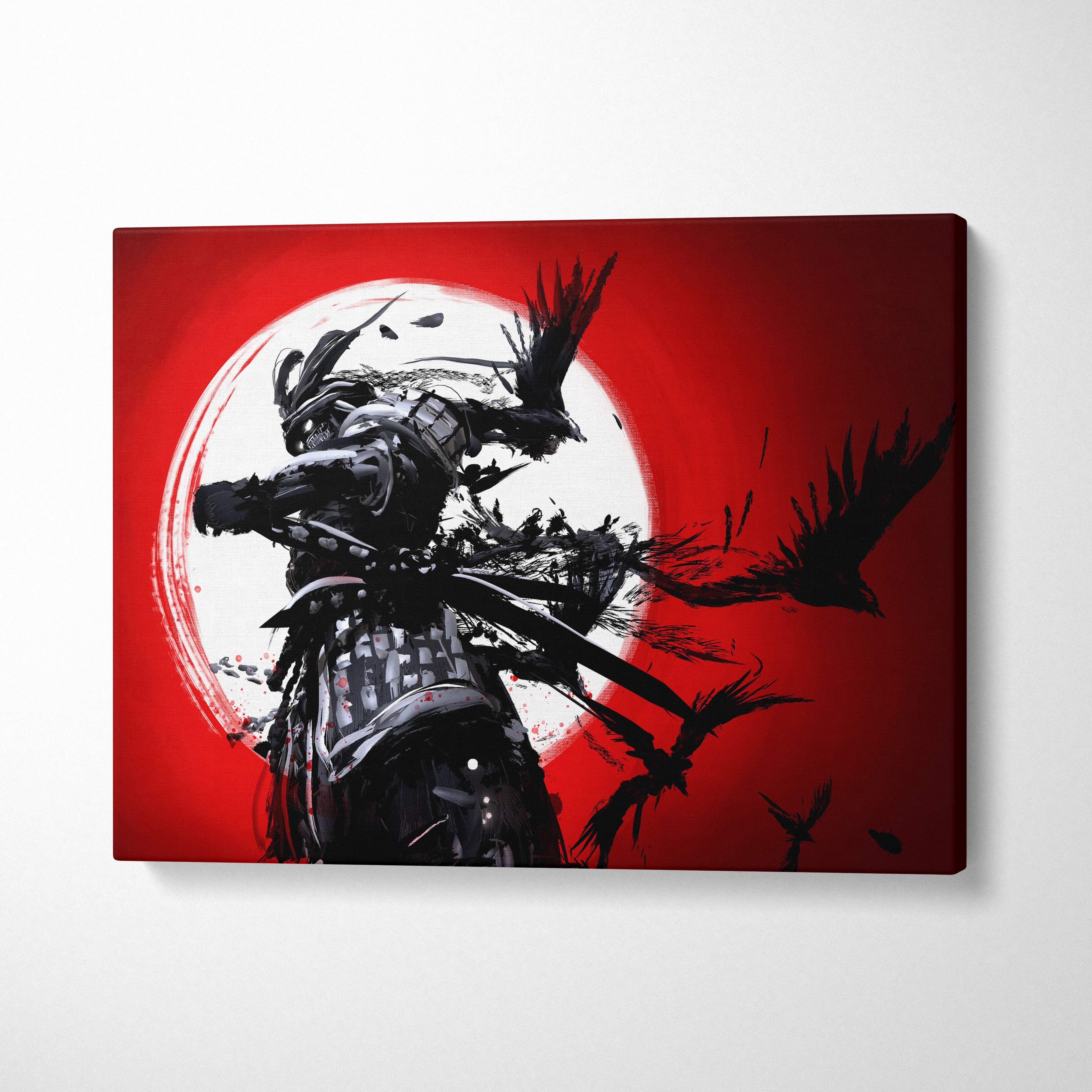 Black and white ink-styled samurai warrior canvas print with katana and flying crows on bold red sun background