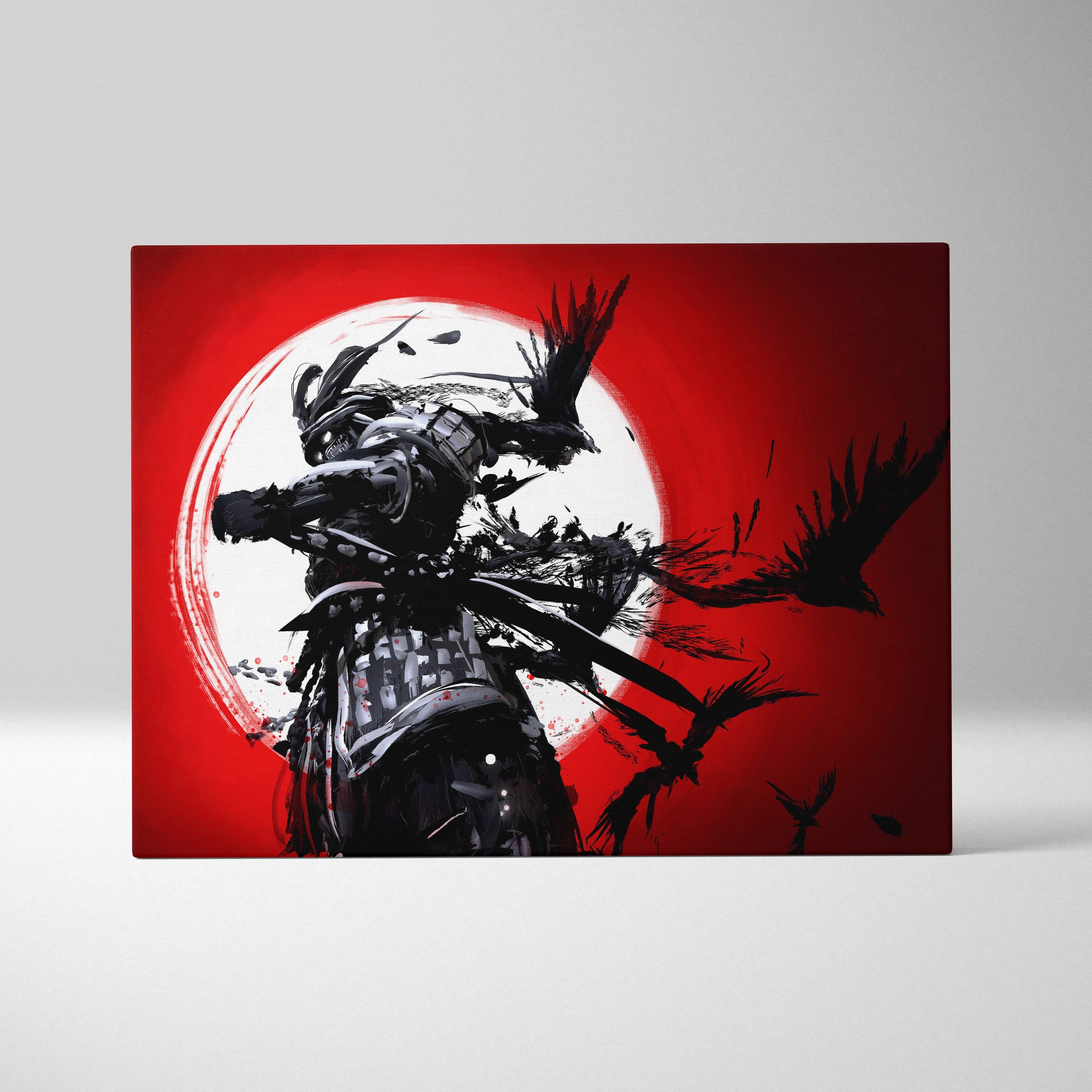 Samurai in motion wall art featuring a black ink samurai with crows against a bold red sun background print