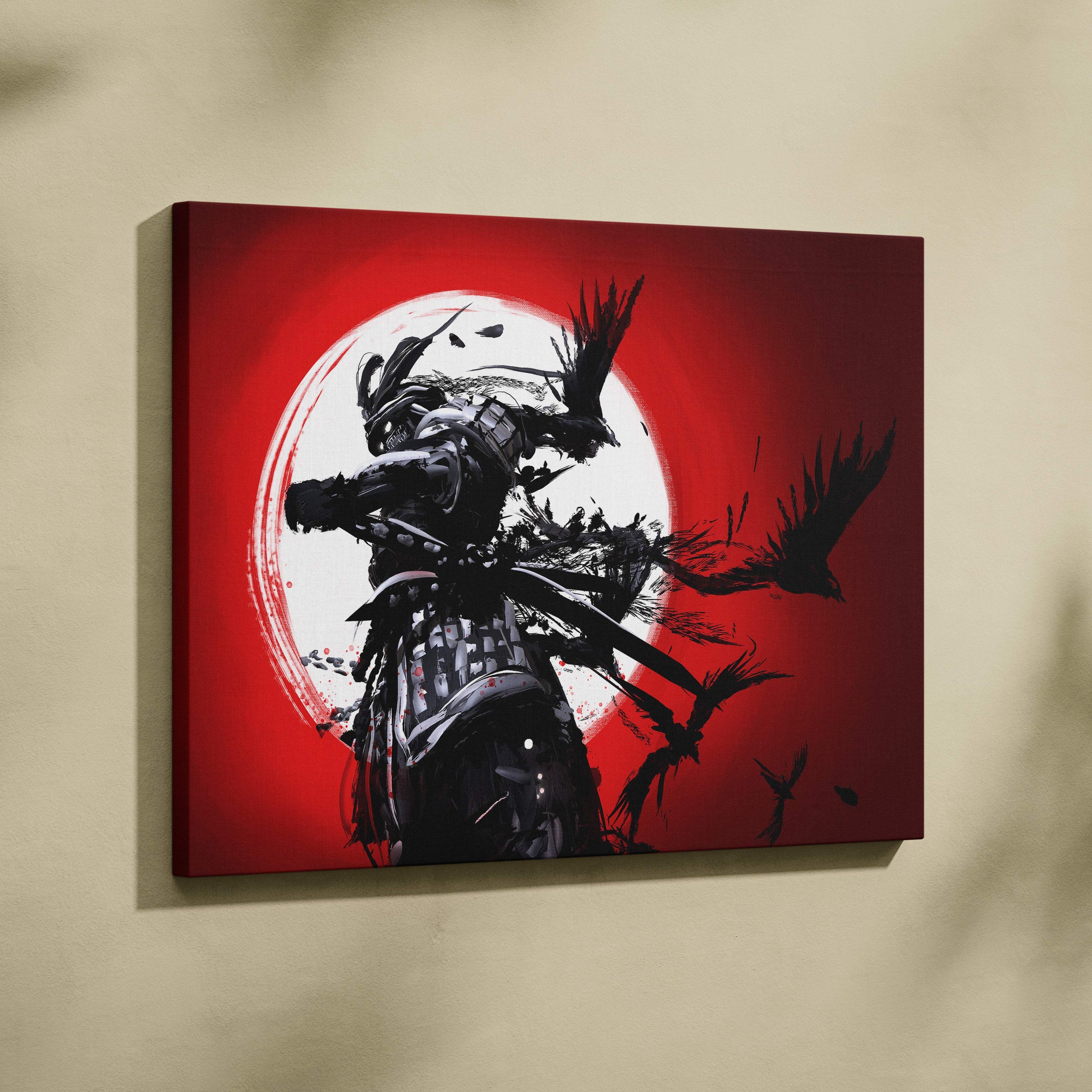 Black and white samurai warrior canvas painting with katana and flying crows against bold red circular background