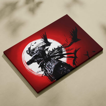 Samurai in motion wall art featuring a black samurai warrior silhouette with katana against bold red sun and flying ravens
