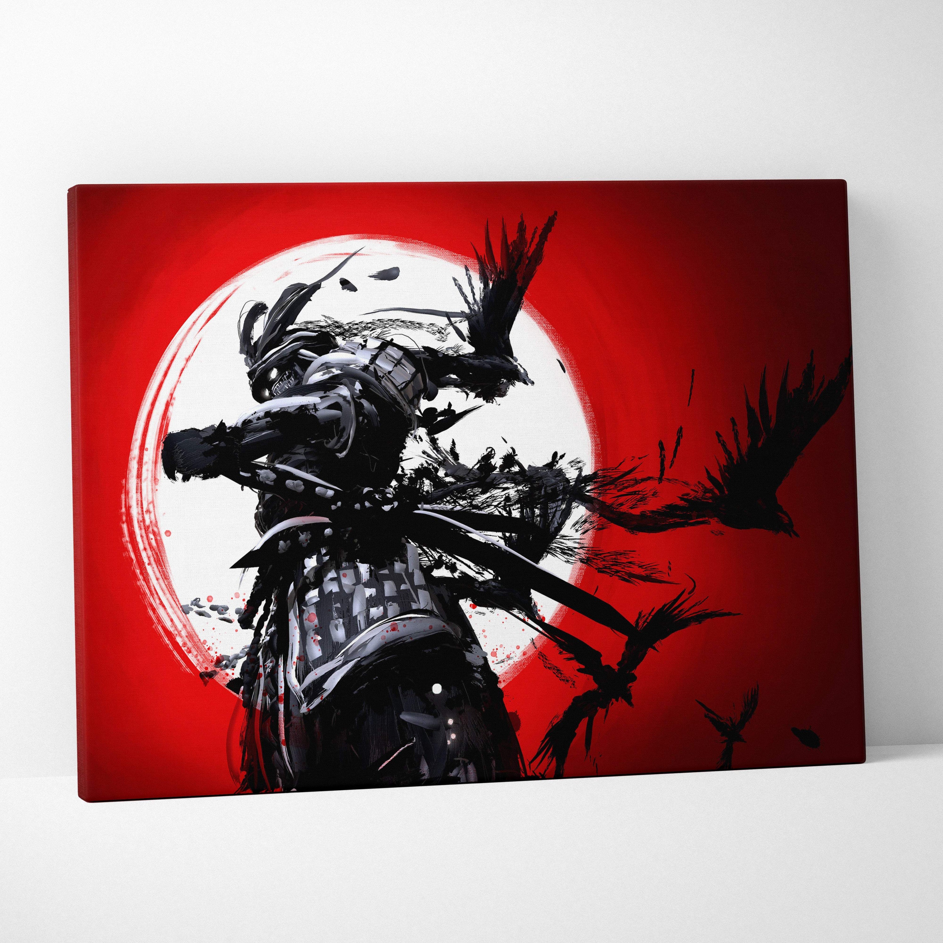 Samurai in motion wall art featuring black and white ink-stroke samurai silhouette with katana on bold red background with flying ravens