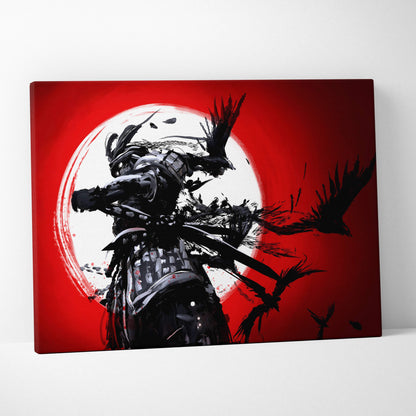 Samurai in motion wall art featuring black and white ink-stroke samurai silhouette with katana on bold red background with flying ravens