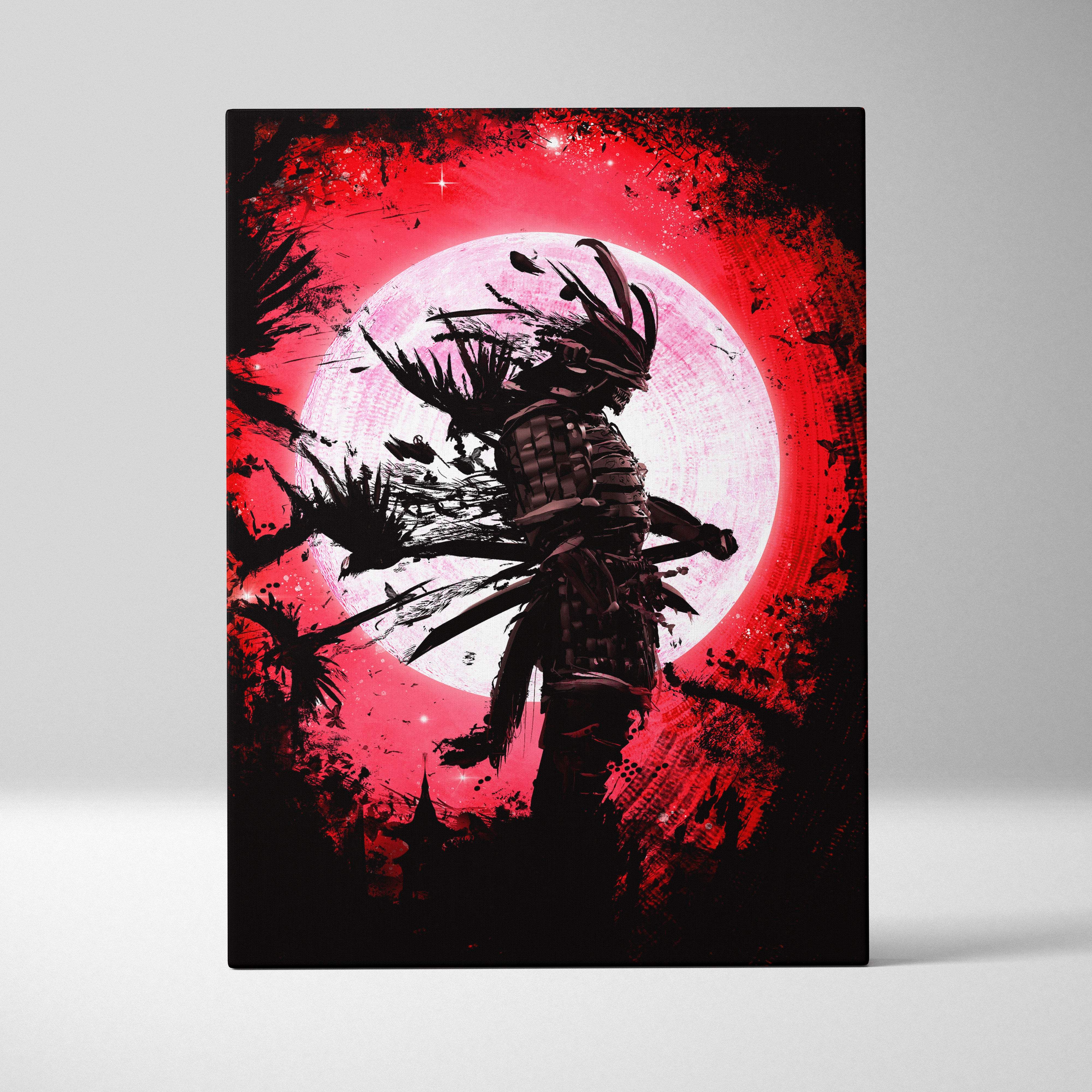 Black samurai silhouette with intricate armor against red and white circular backdrop dark samurai canvas art