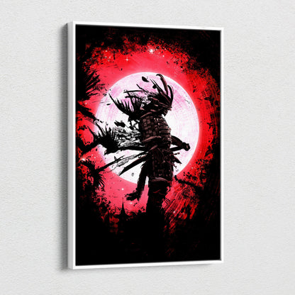 Blood Moon Ronin – Dark Samurai Canvas Art, Red Eclipse Background with Black Armor Warrior, Grunge Japanese Ink Style Digital Painting Wall Decor