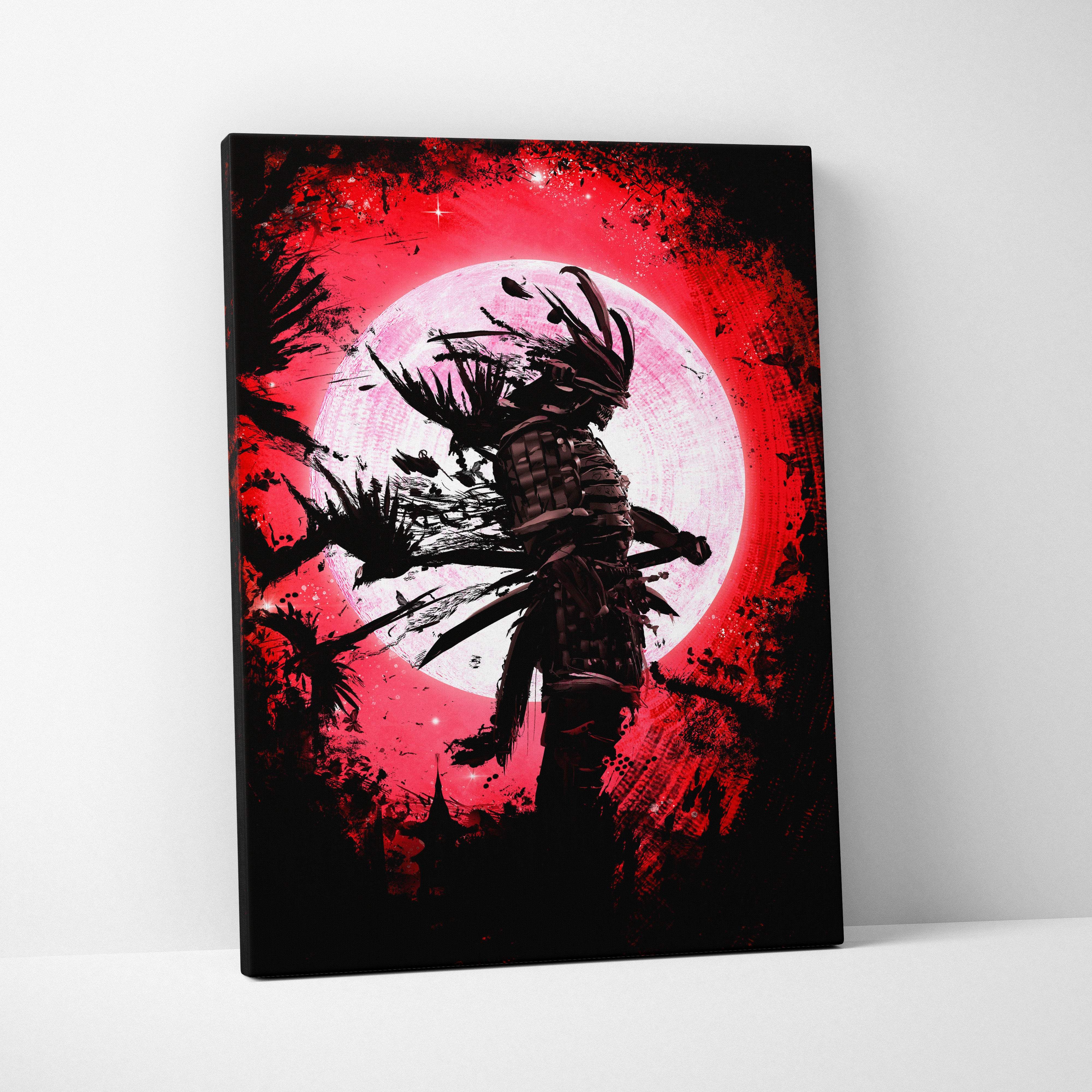 Black-framed canvas print of blood moon ronin featuring a dark samurai silhouette with red eclipse background