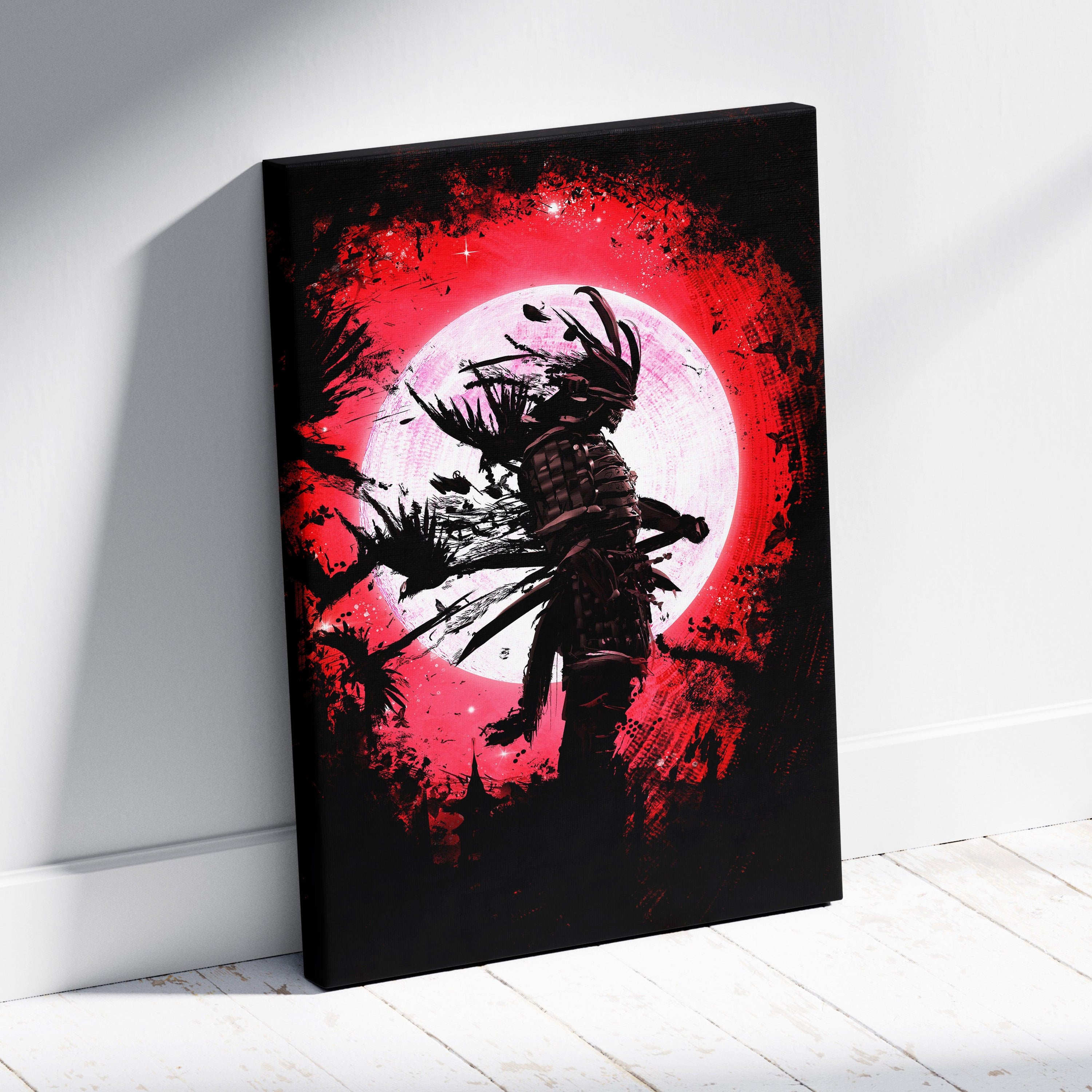 Blood Moon Ronin – Dark Samurai Canvas Art, Red Eclipse Background with Black Armor Warrior, Grunge Japanese Ink Style Digital Painting Wall Decor