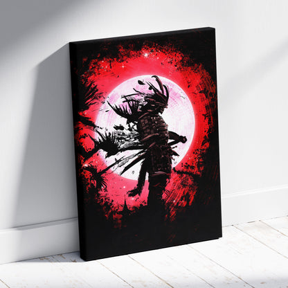 Blood Moon Ronin – Dark Samurai Canvas Art, Red Eclipse Background with Black Armor Warrior, Grunge Japanese Ink Style Digital Painting Wall Decor