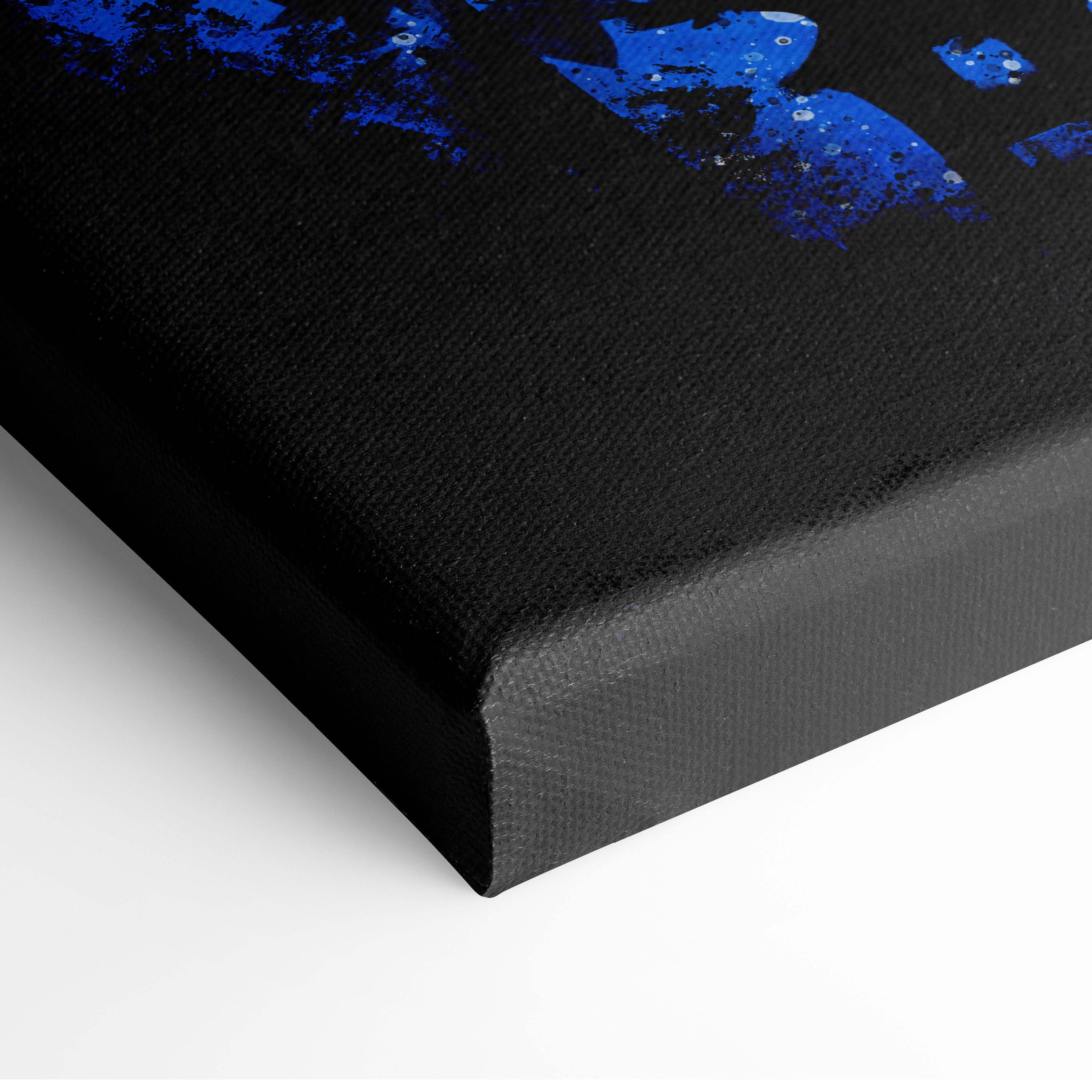 Black canvas print featuring bold blue abstract paint splatters in moonlit shadow ronin japanese samurai art