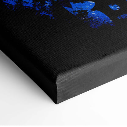 Black canvas print featuring bold blue abstract paint splatters in moonlit shadow ronin japanese samurai art