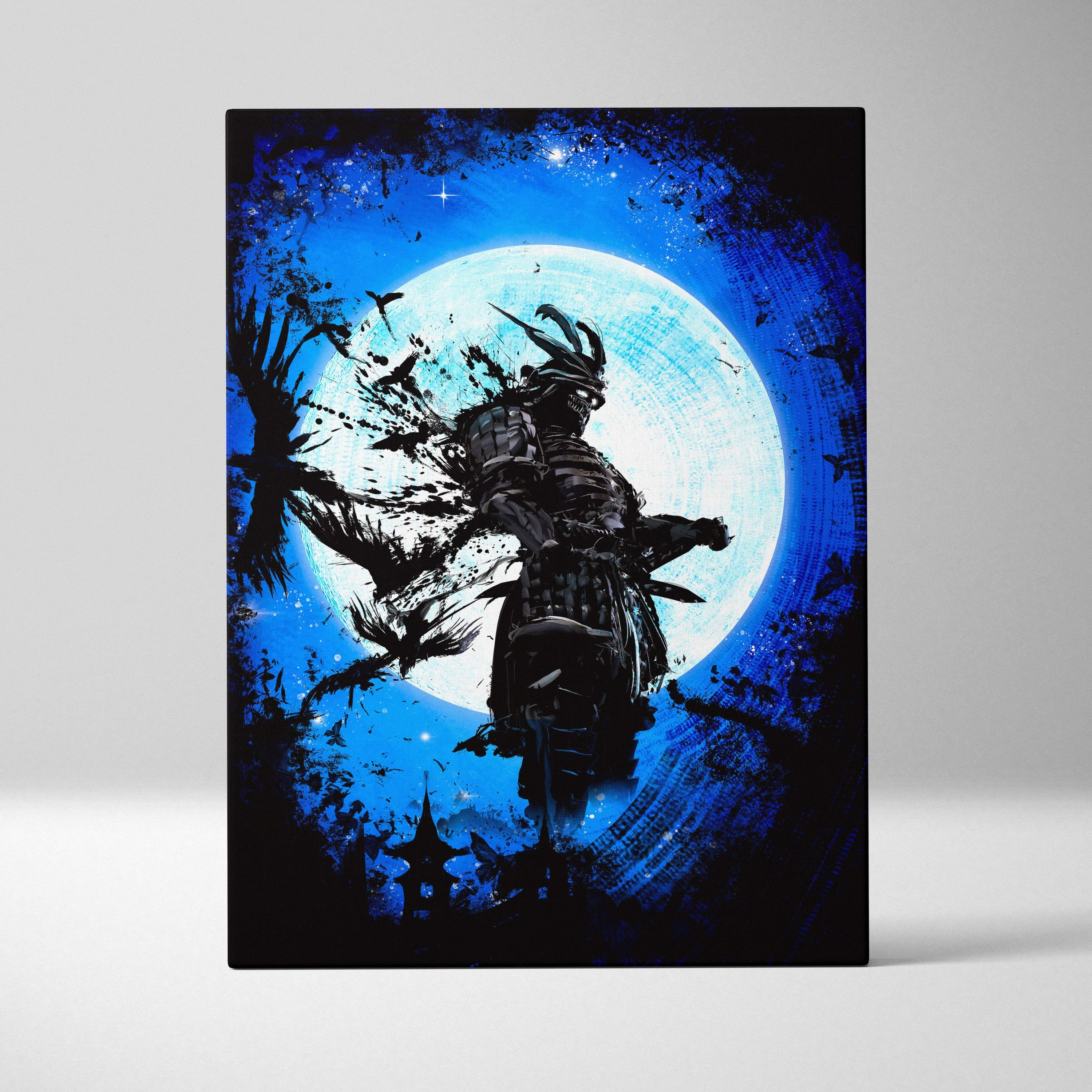 Black samurai warrior in intricate blue and black armor silhouetted against a glowing full moon on canvas art wall decor