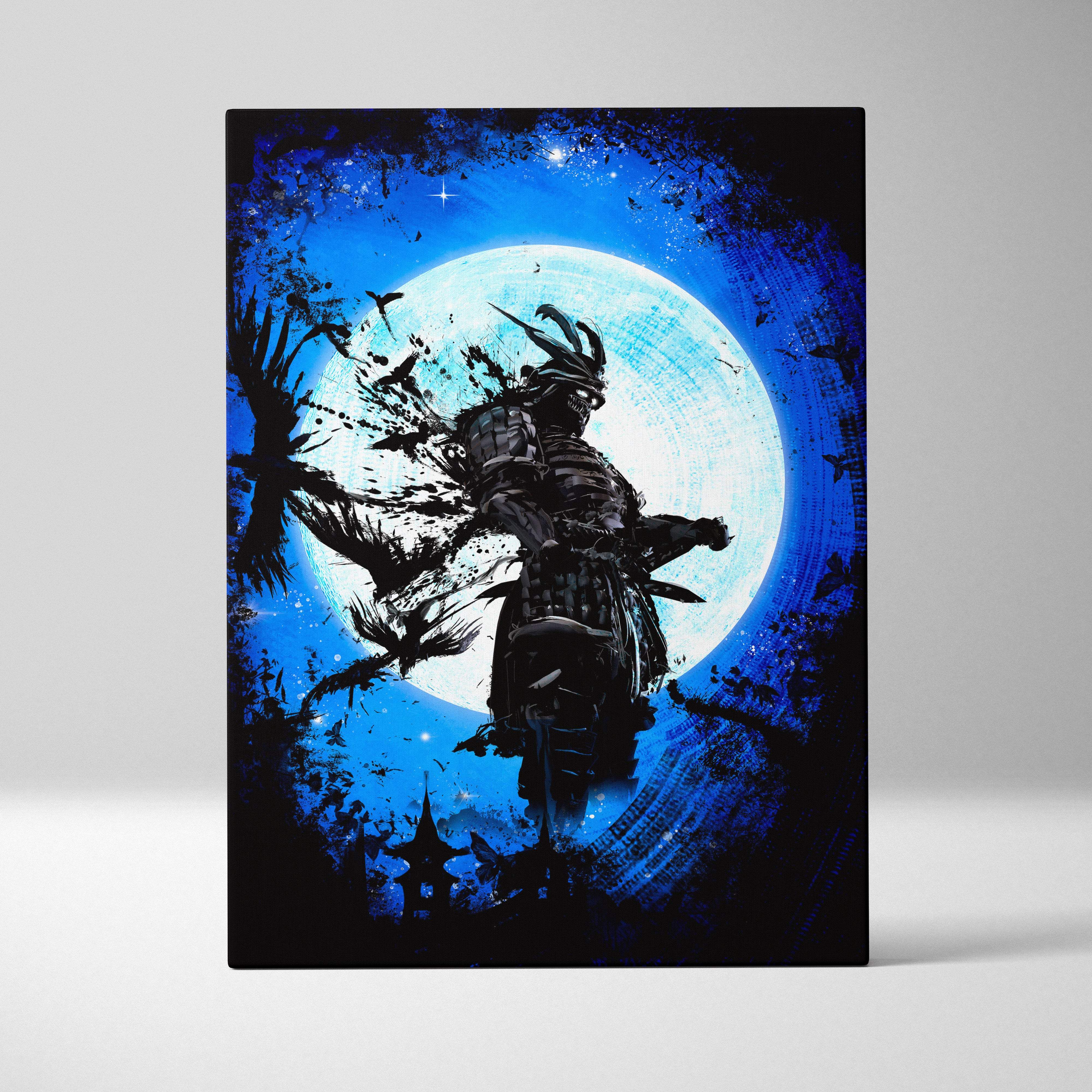 Black samurai warrior in intricate blue and black armor silhouetted against a glowing full moon on canvas art wall decor