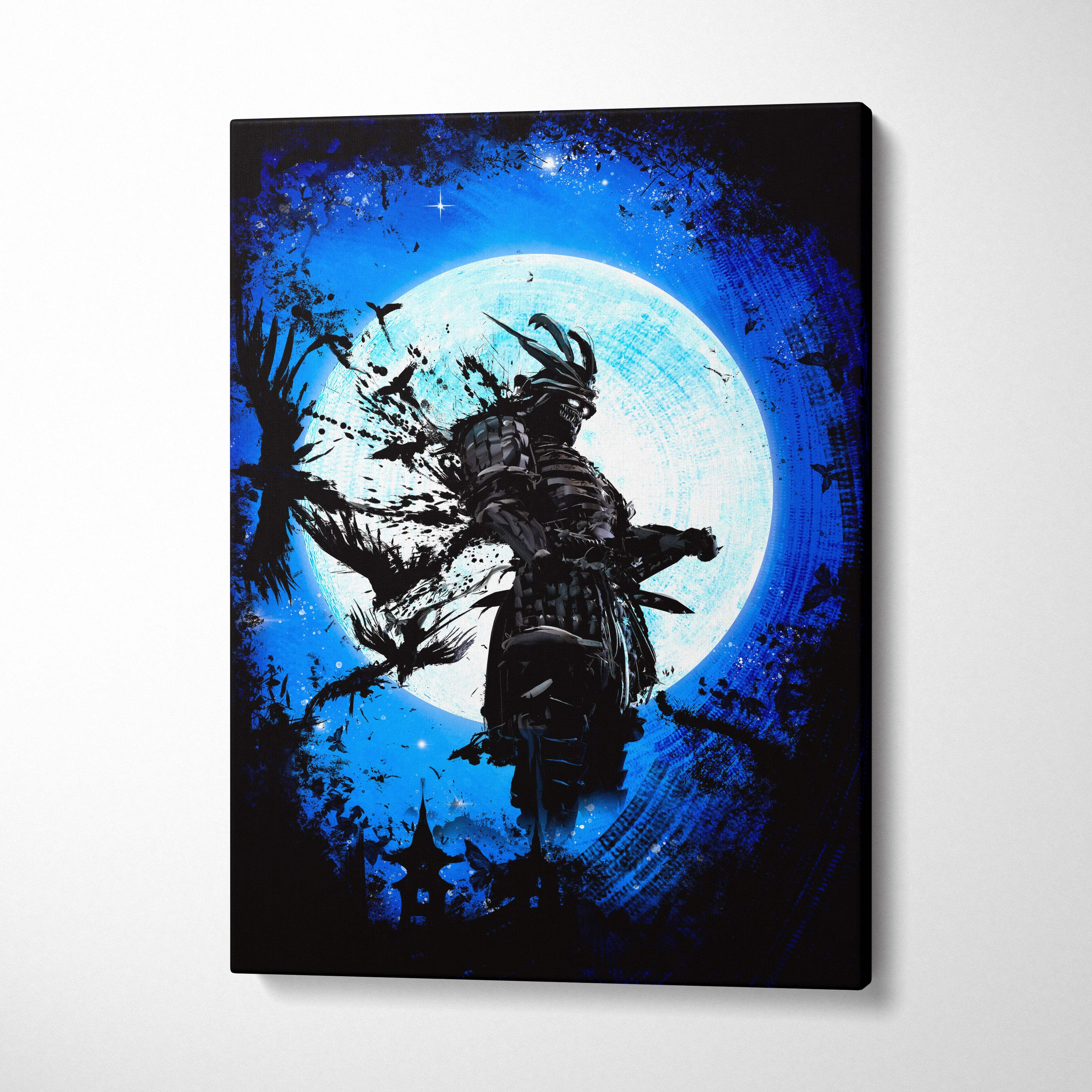Black armored samurai silhouette stands before glowing blue moon on canvas art moonlit shadow ronin wall decor