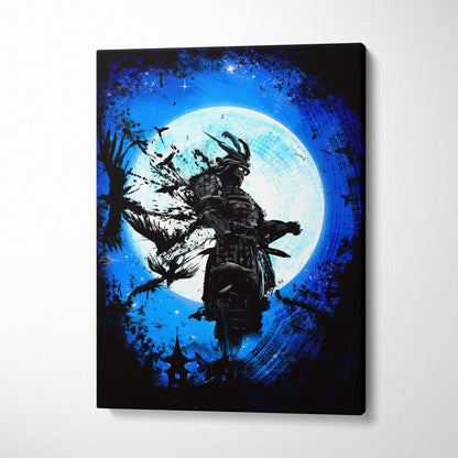 Black armored samurai silhouette stands before glowing blue moon on canvas art moonlit shadow ronin wall decor