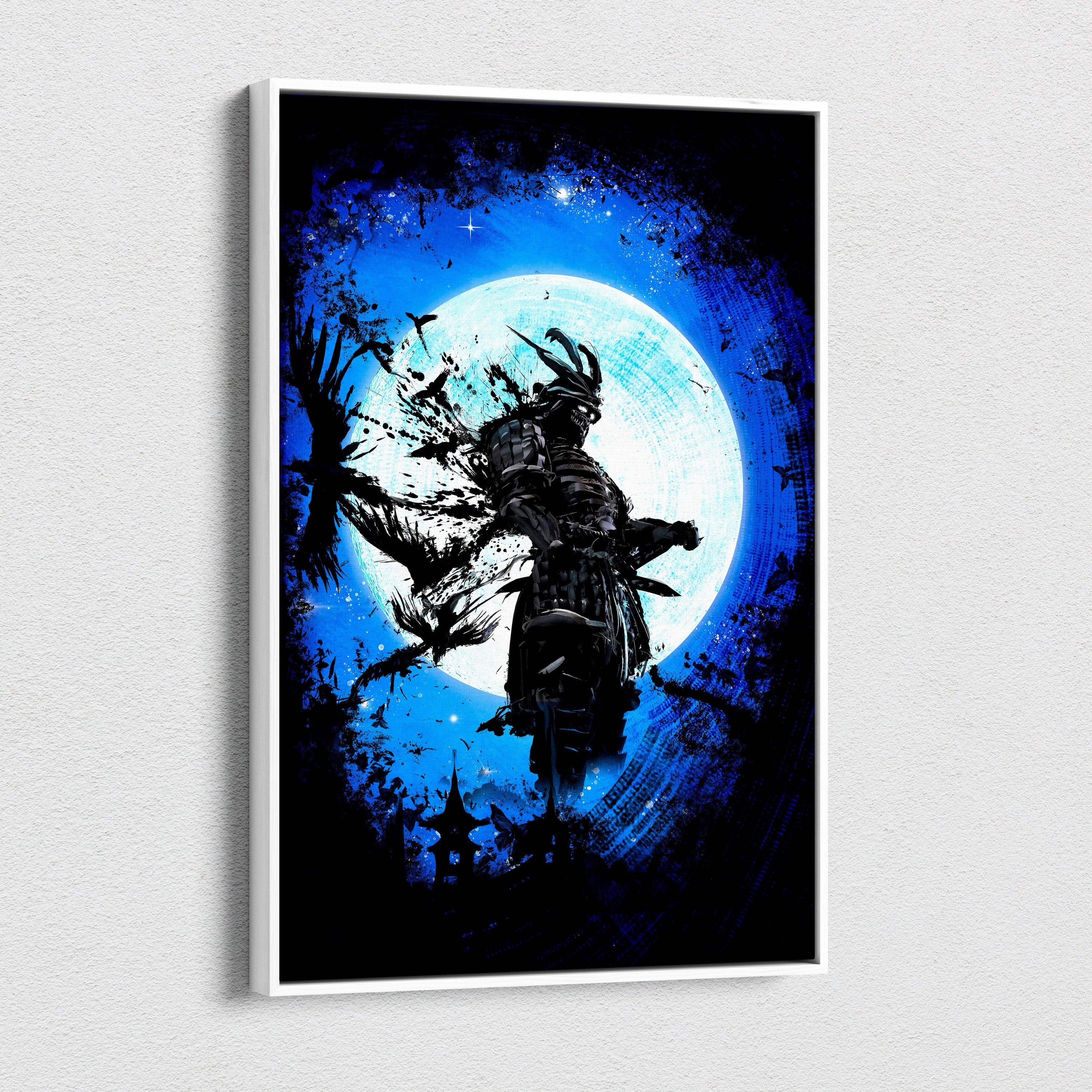 A framed canvas art featuring a dark samurai silhouette against a vibrant blue moonlit sky in a sleek white frame
