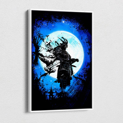 A framed canvas art featuring a dark samurai silhouette against a vibrant blue moonlit sky in a sleek white frame