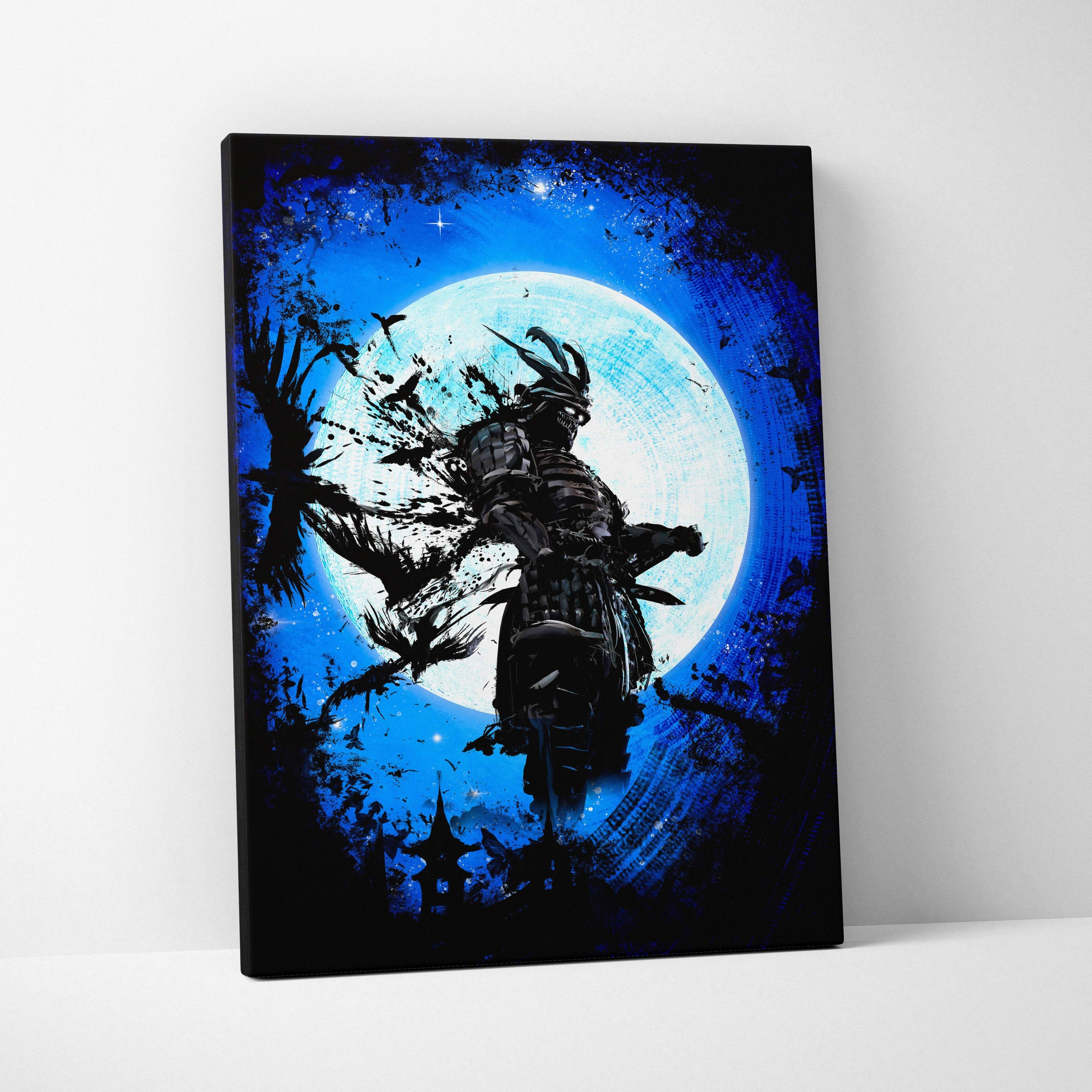 Black-and-blue canvas art of a stylized samurai silhouette against a glowing full moon with birds and ink splashes