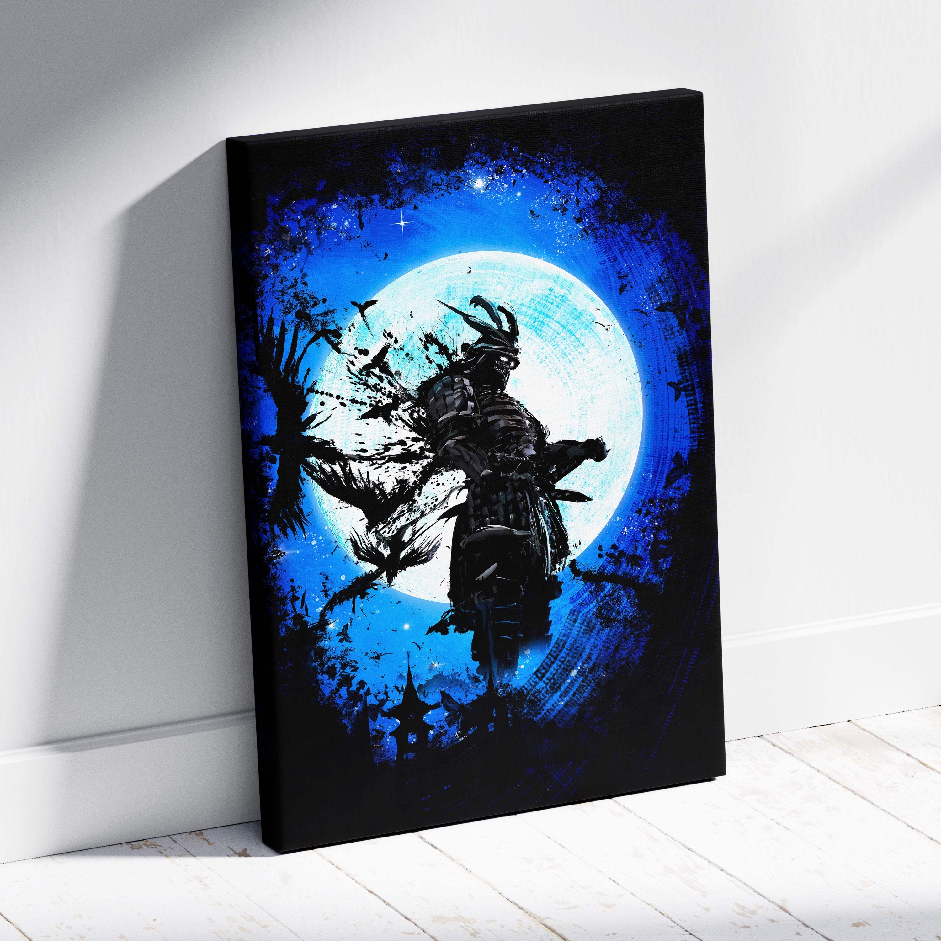 Black-framed canvas print of a blue and black samurai silhouette with japanese architecture and birds against a full moon