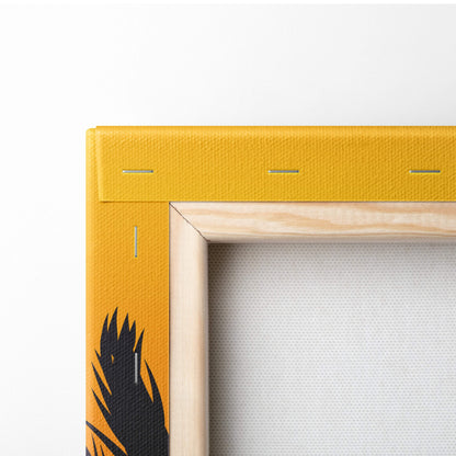 Yellow canvas frame featuring black feather design and light wood border in retrowave palm tree synthwave art print