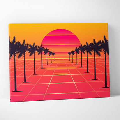 Vibrant retro-style canvas print of glowing pink and orange vaporwave sunset over grid pathway with black palm trees