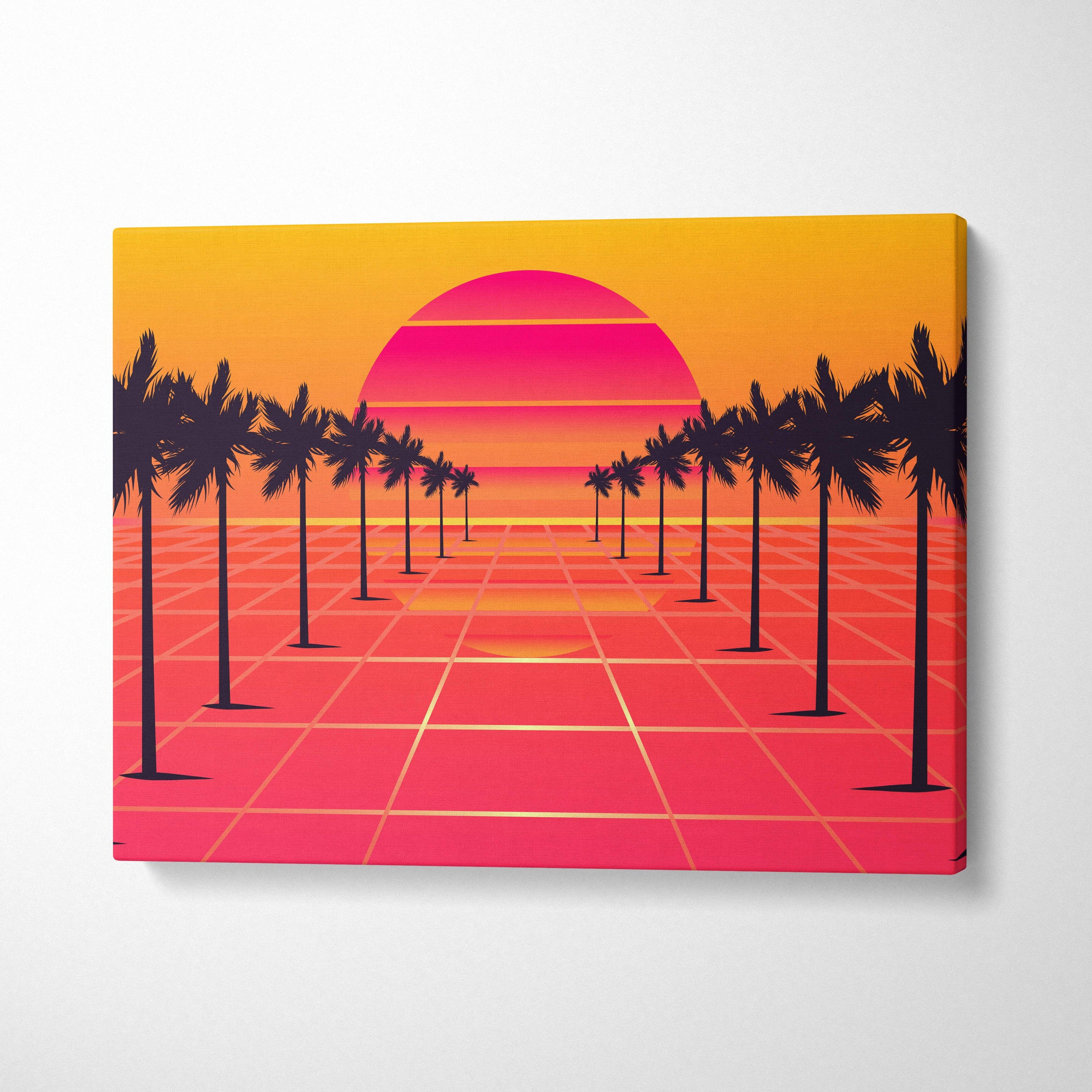 Vibrant retrowave palm tree grid canvas art print featuring a glowing pink and orange sunset over a neon 80s landscape