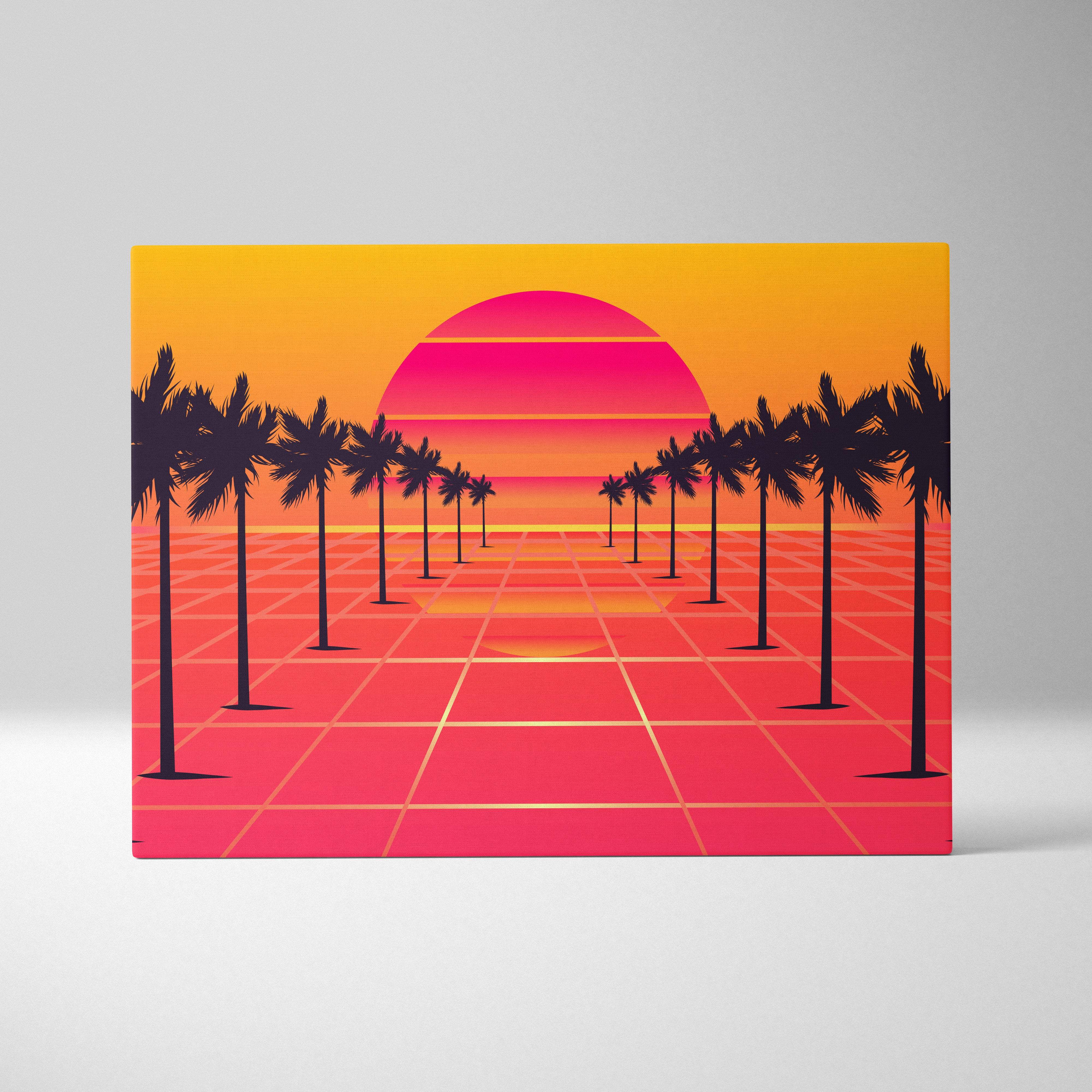Vibrant retro-futuristic canvas print featuring a glowing pink and orange sunset over palm trees on a grid landscape