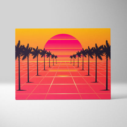 Vibrant retro-futuristic canvas print featuring a glowing pink and orange sunset over palm trees on a grid landscape