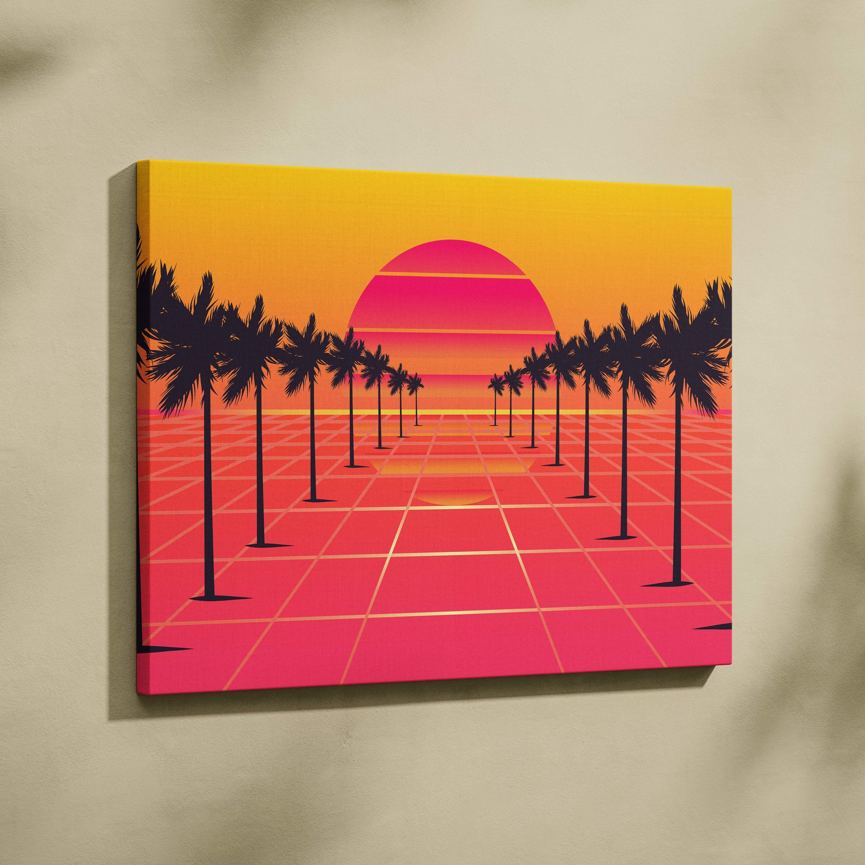 Vibrant retro-futuristic canvas print with glowing pink and orange sunset over grid-patterned landscape and palm trees