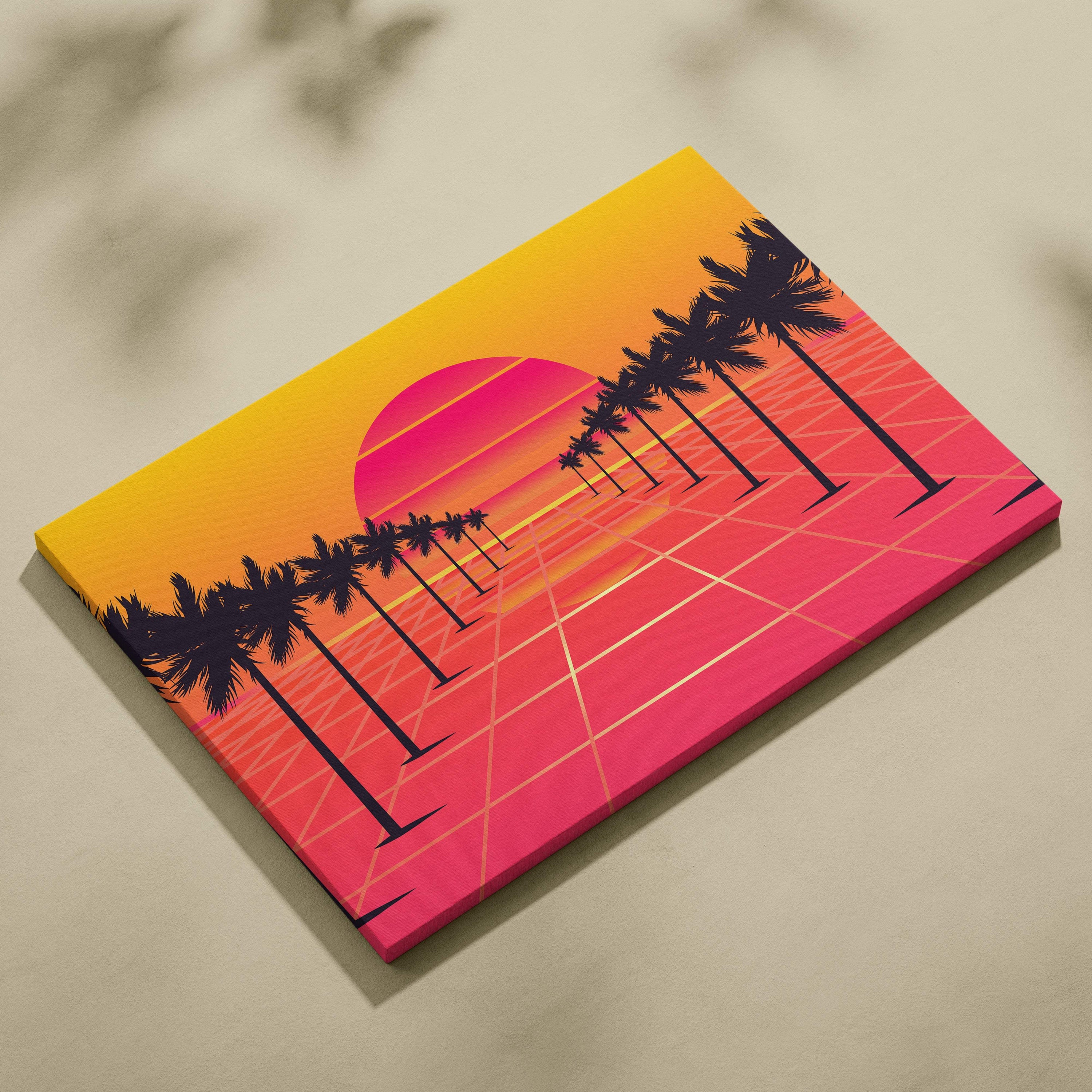 Vibrant retro-style canvas print featuring orange sunset gradient with palm trees and geometric grid lines in vaporwave style