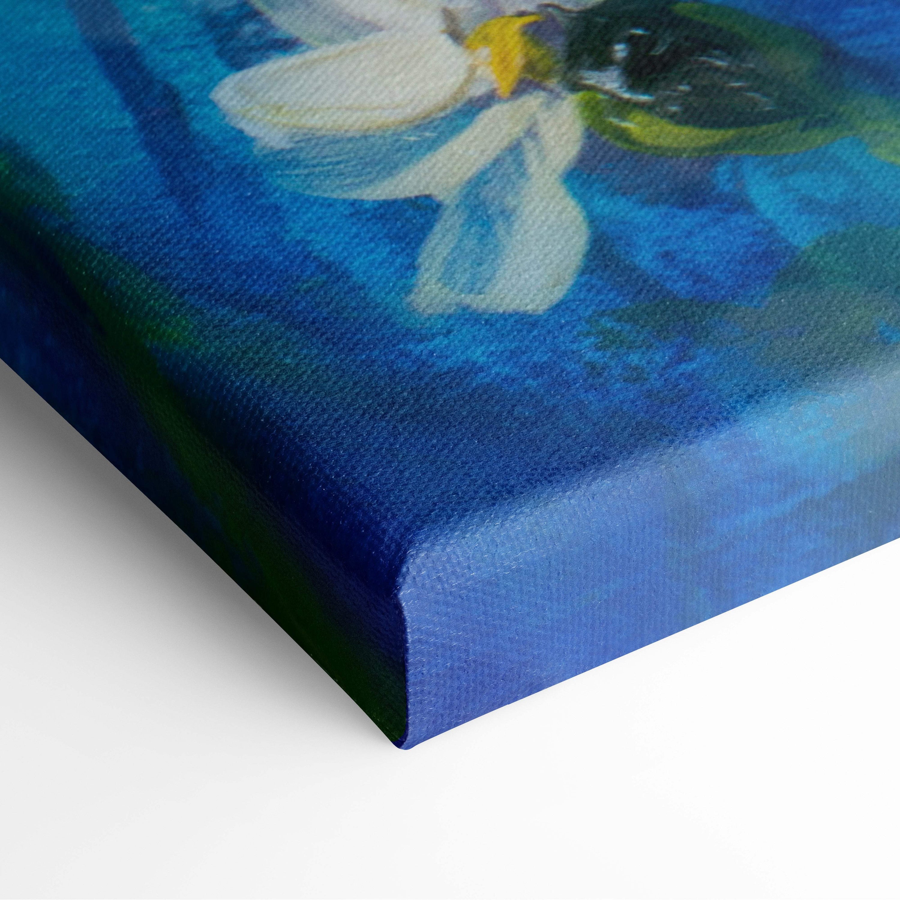 Vibrant blue canvas wall art featuring a textured white flower with yellow center and green leaves sunlit daisy meadow painting