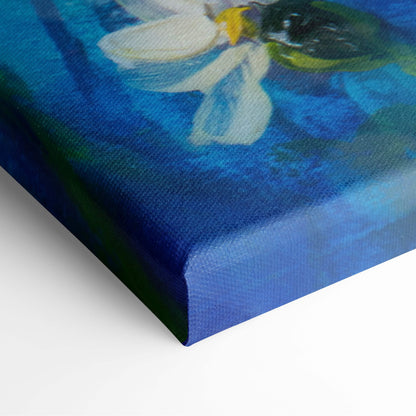 Vibrant blue canvas wall art featuring a textured white flower with yellow center and green leaves sunlit daisy meadow painting