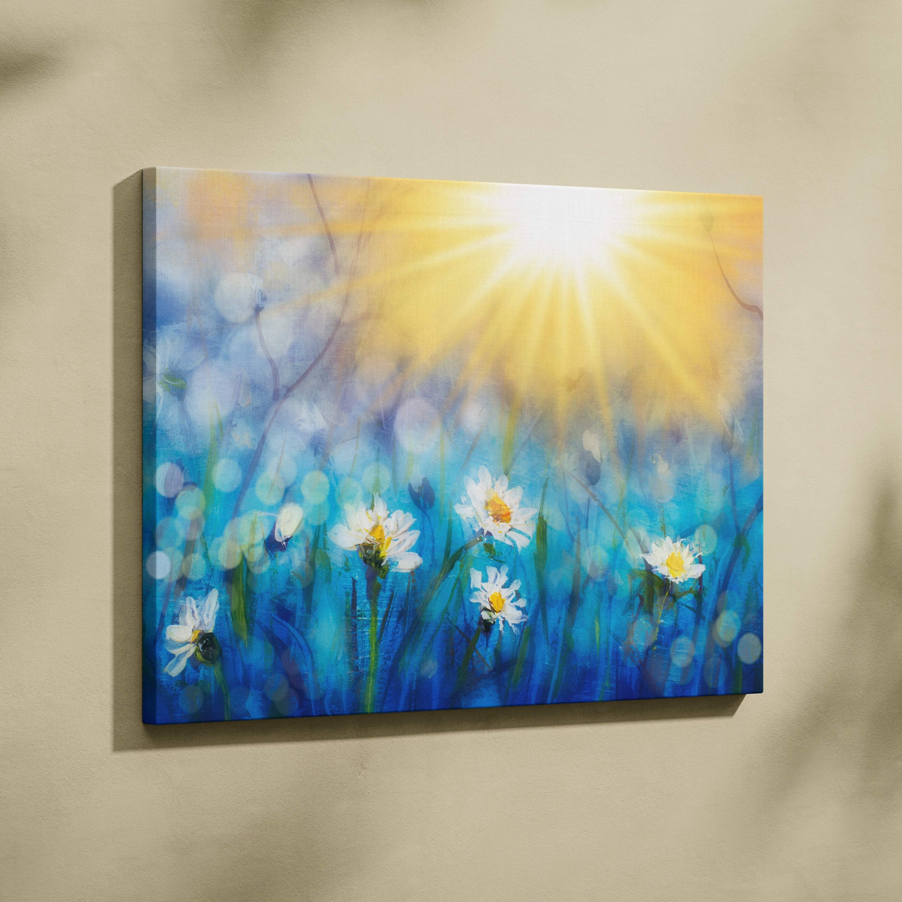 Sunlit daisy meadow canvas wall art with white daisies and golden sunburst on a soft blue floral landscape